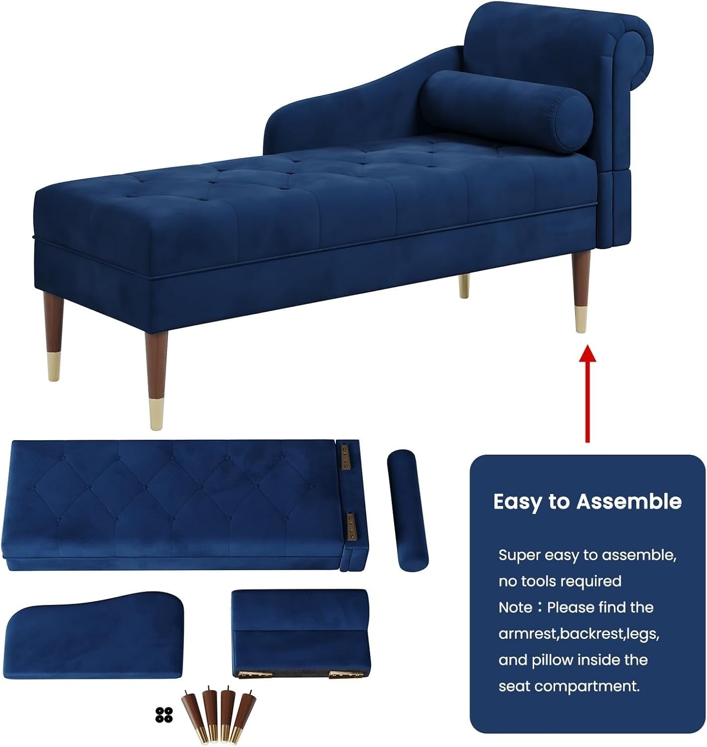 Luxury Blue Velvet Chaise Lounge Sofa Right Armrest – Space-Saving & Comfy