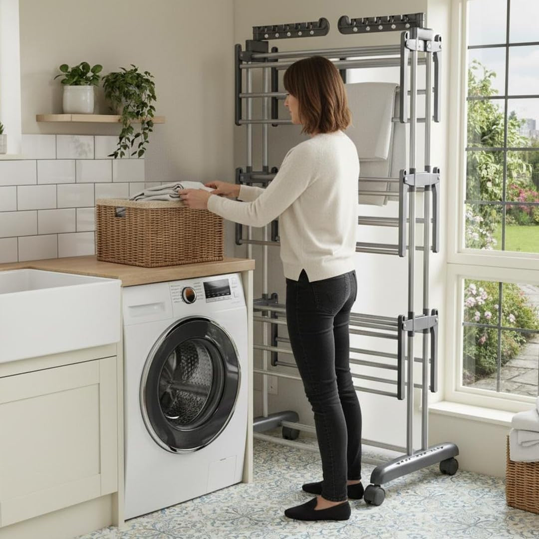 4 Tier Clothes Airer Tower with Wheels Foldable Laundry Drying Rack Steel