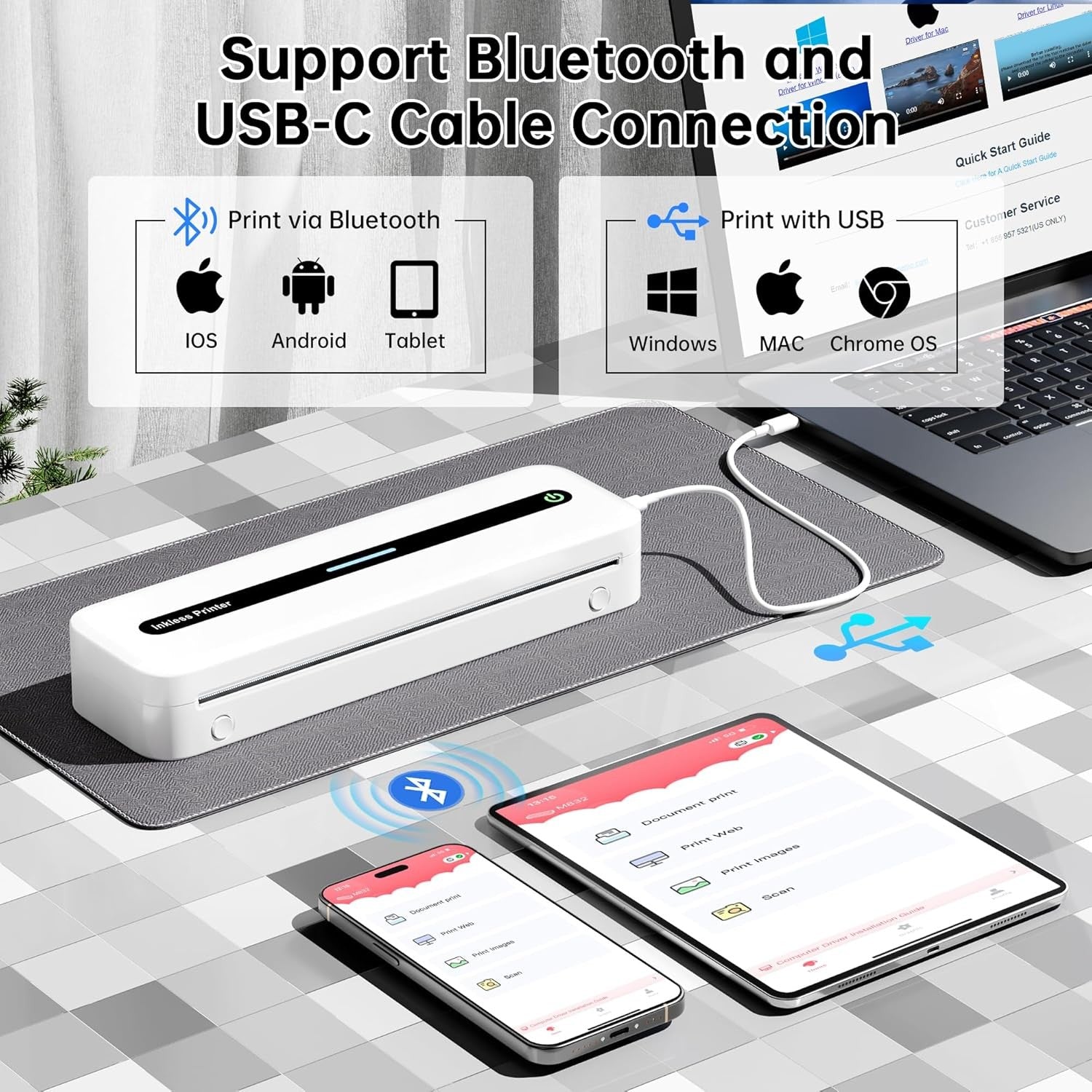 Portable A4 Thermal Printer Wireless Inkless Bluetooth USB