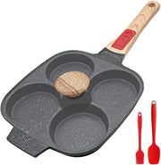 4-Cup Egg Pan Non-Stick Pancake Skillet w/ Lid & Detachable Handle Black