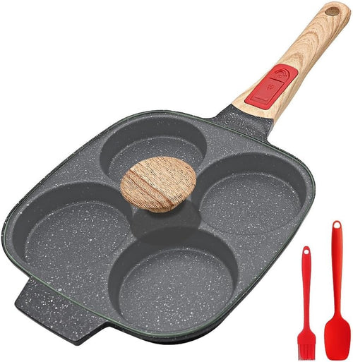 4-Cup Egg Pan Non-Stick Pancake Skillet w/ Lid & Detachable Handle Black