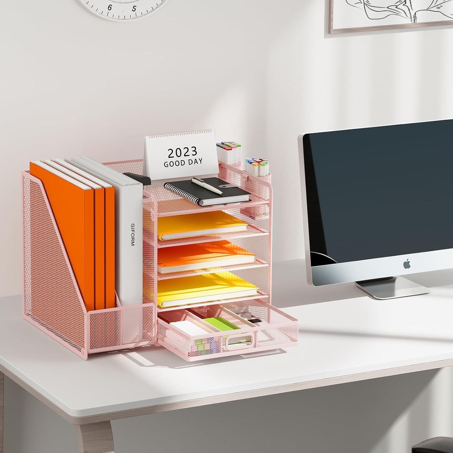 5 Tier Desk Organiser File Holder Paper Tray Drawer Pen Storage Pink