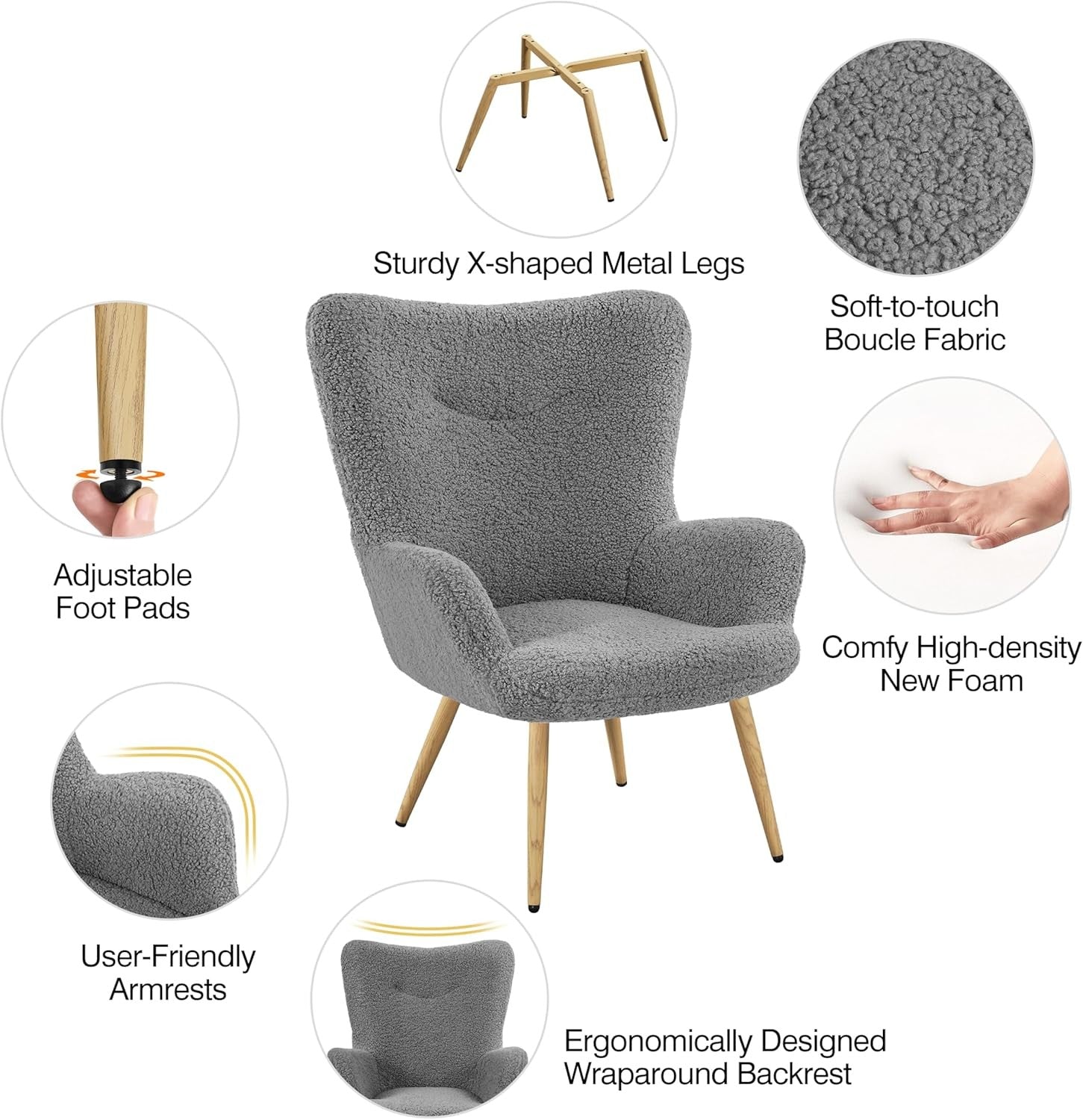 Sherpa Boucle Armchair High Back Accent Lounge Chair Grey
