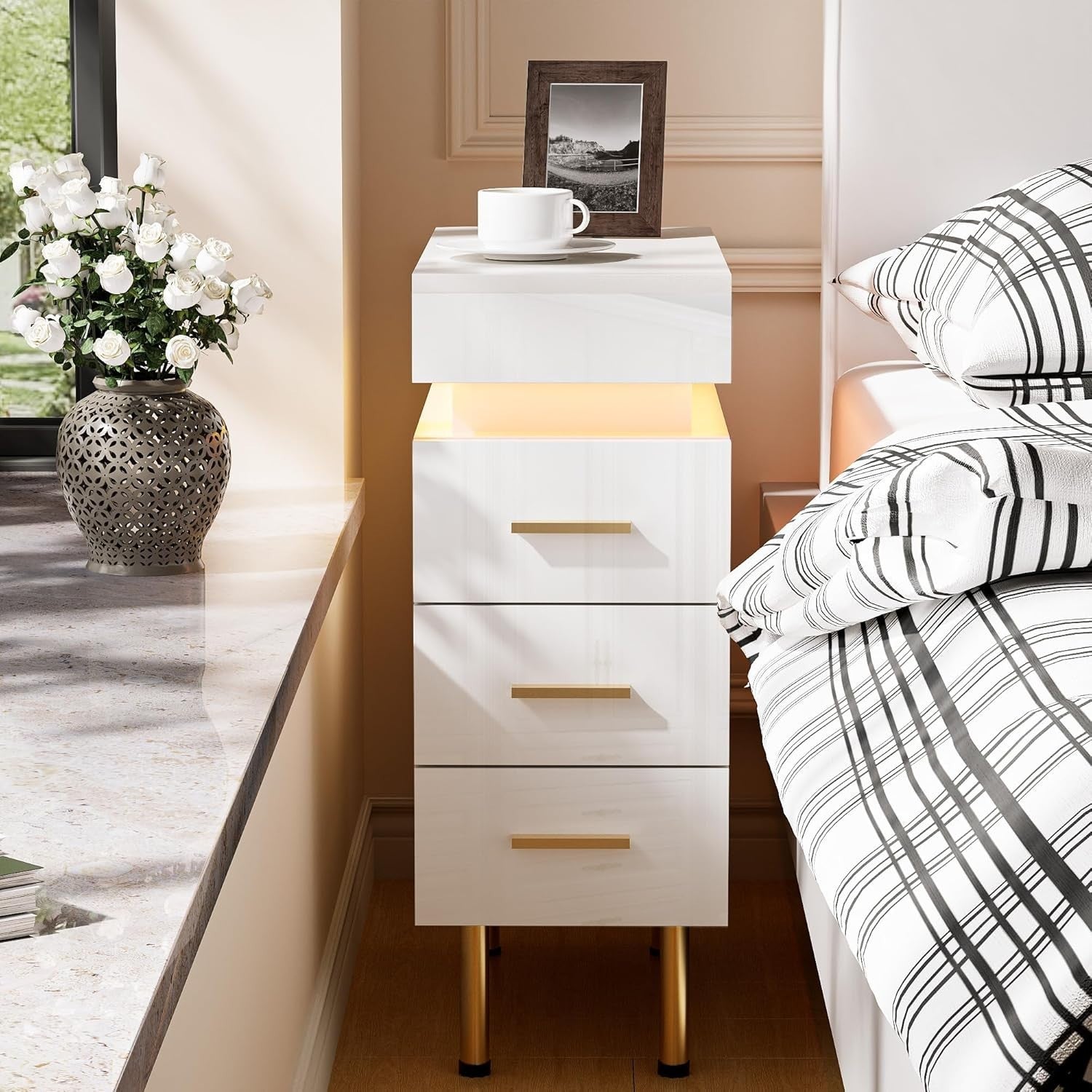Modern LED Bedside Table with USB Charging, 3 Drawers+Hidden Storage, Gold Legs