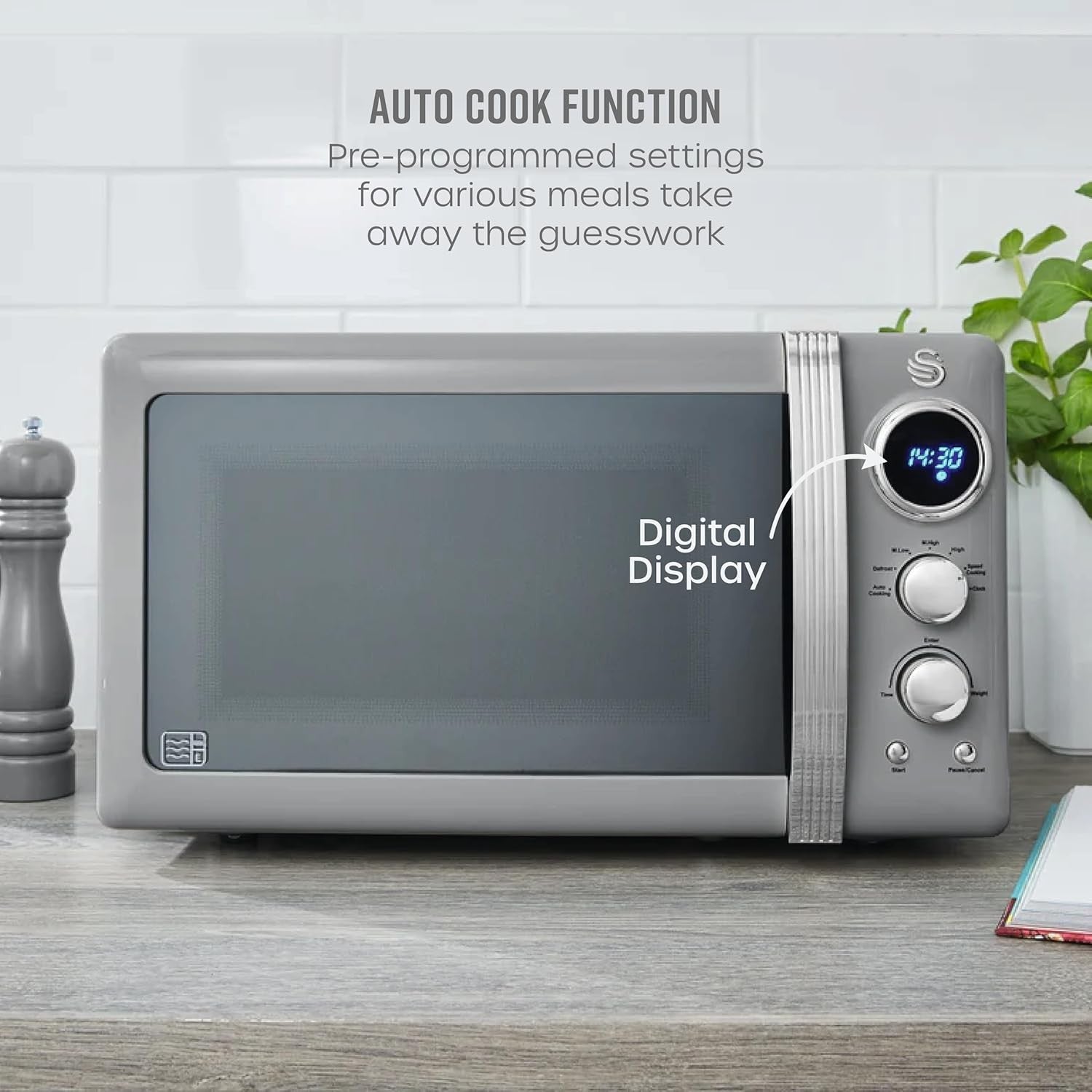 Grey 20L Retro LED Microwave 800W 6 Power Levels Defrost