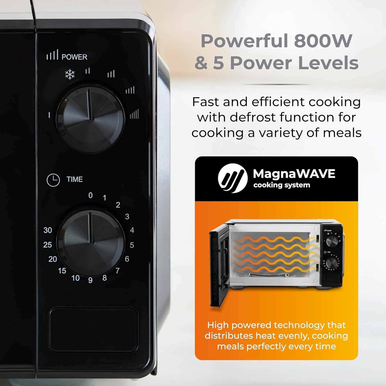 20L 800W Manual Microwave 5 Power Levels Defrost Black