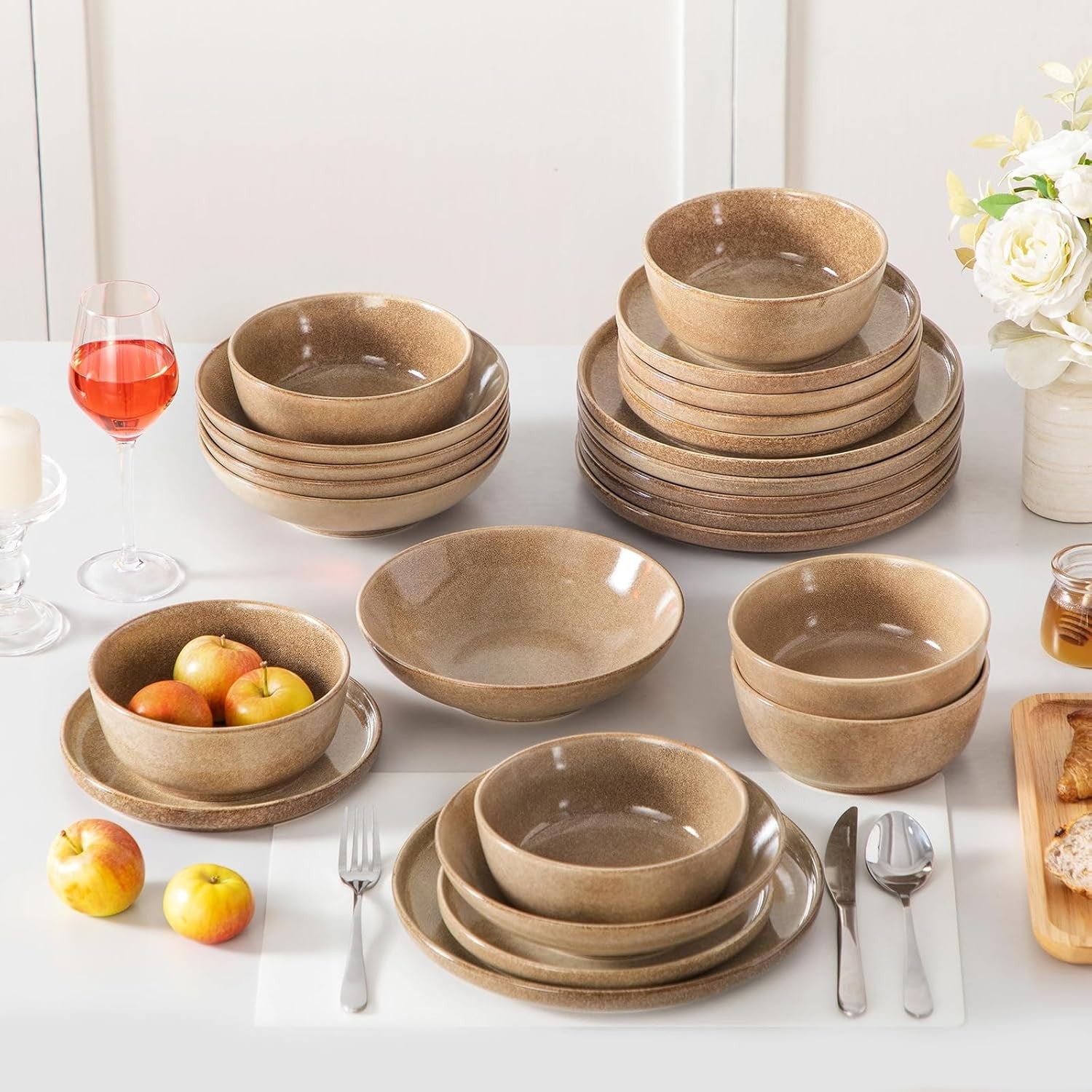 24pc Ceramic Dinner Set Caramel Plates Bowls Microwave Dishwasher Safe
