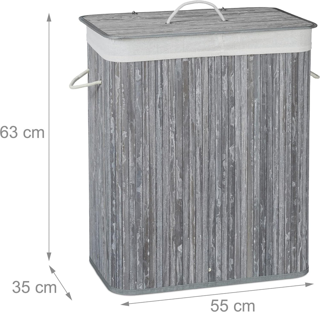 100L Bamboo Laundry Hamper with Lid 2 Compartment Foldable Basket Grey