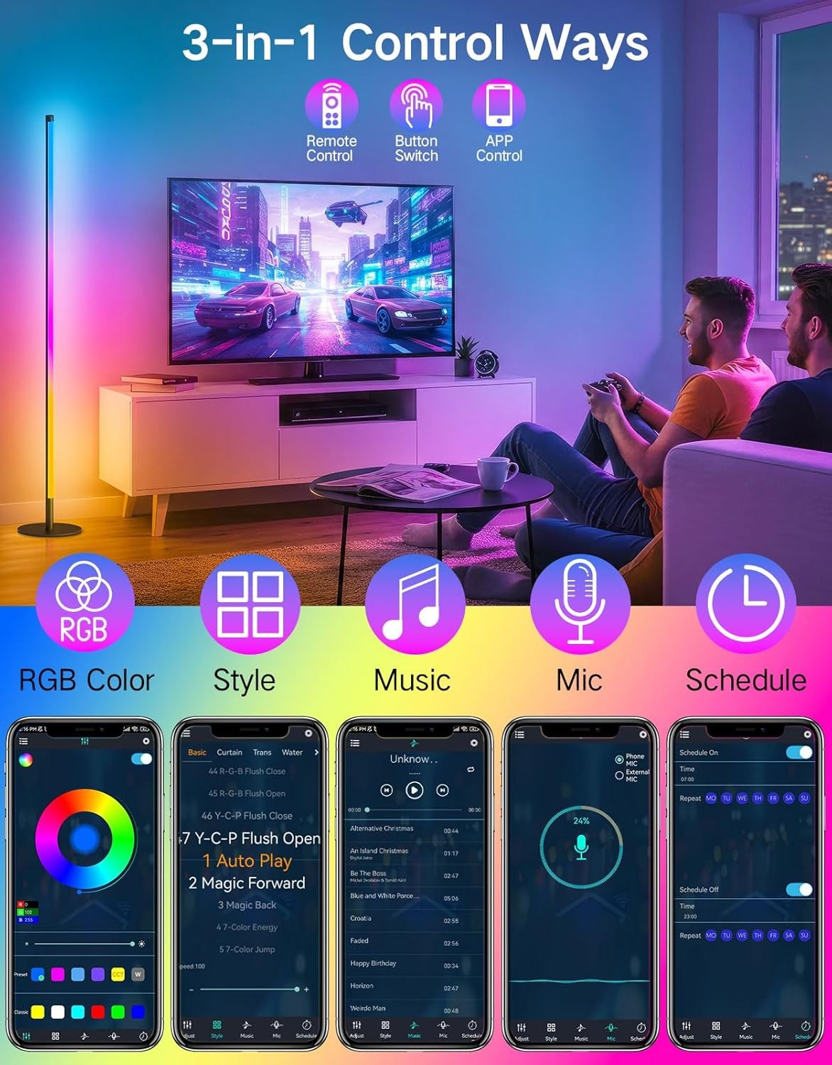 Smart RGB Corner Floor Lamp App Remote Music Sync LED Mood Light