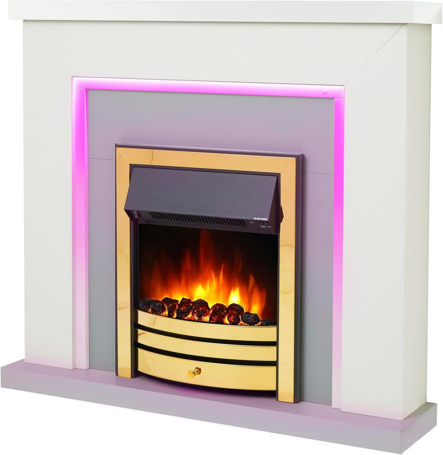 Electric Fireplace 42" LED Fire Suite Remote White Grey Brass Insert