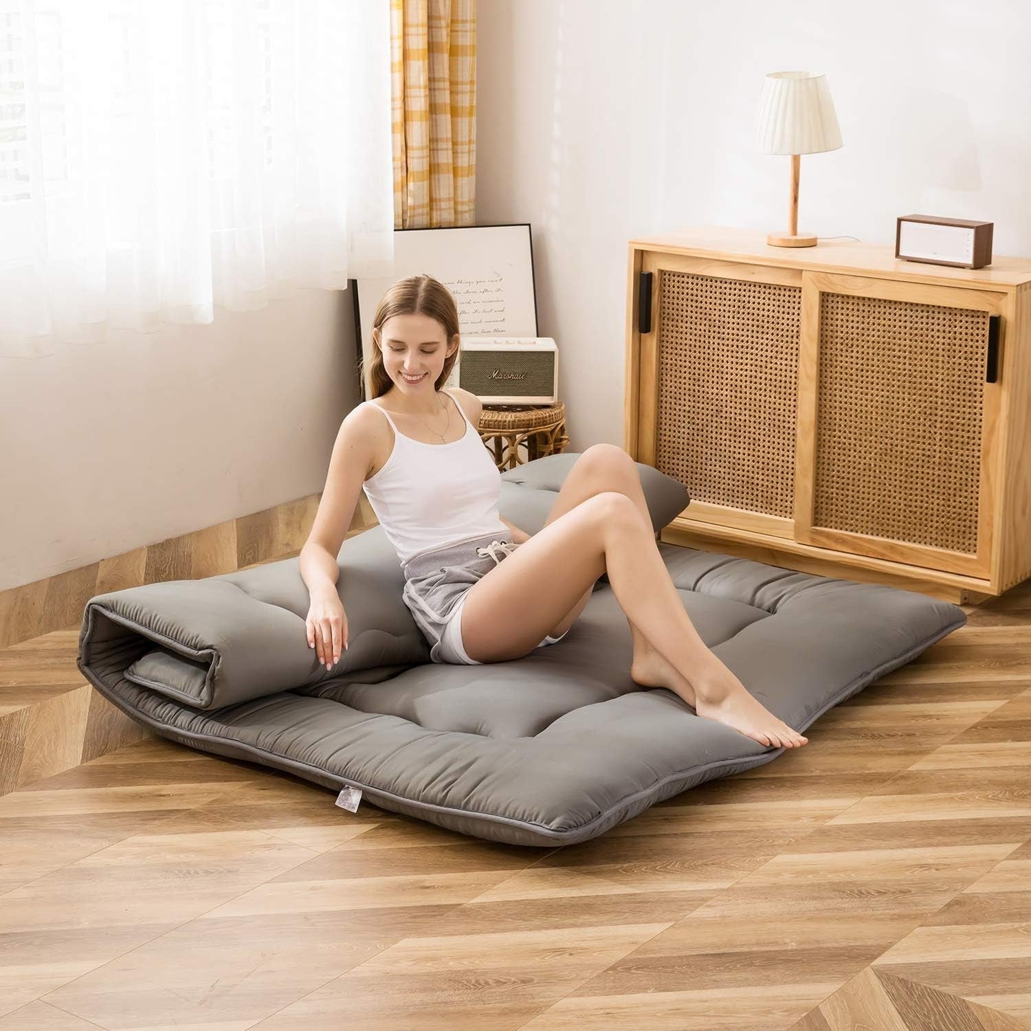 Grey Foldable Futon Mattress | Thick Quilted Floor Sleeping Pad, Portable