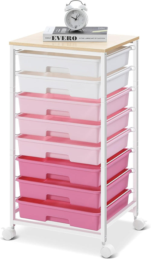 8 Drawer Rolling Storage Trolley Organizer Cart Lockable Wheels Pink