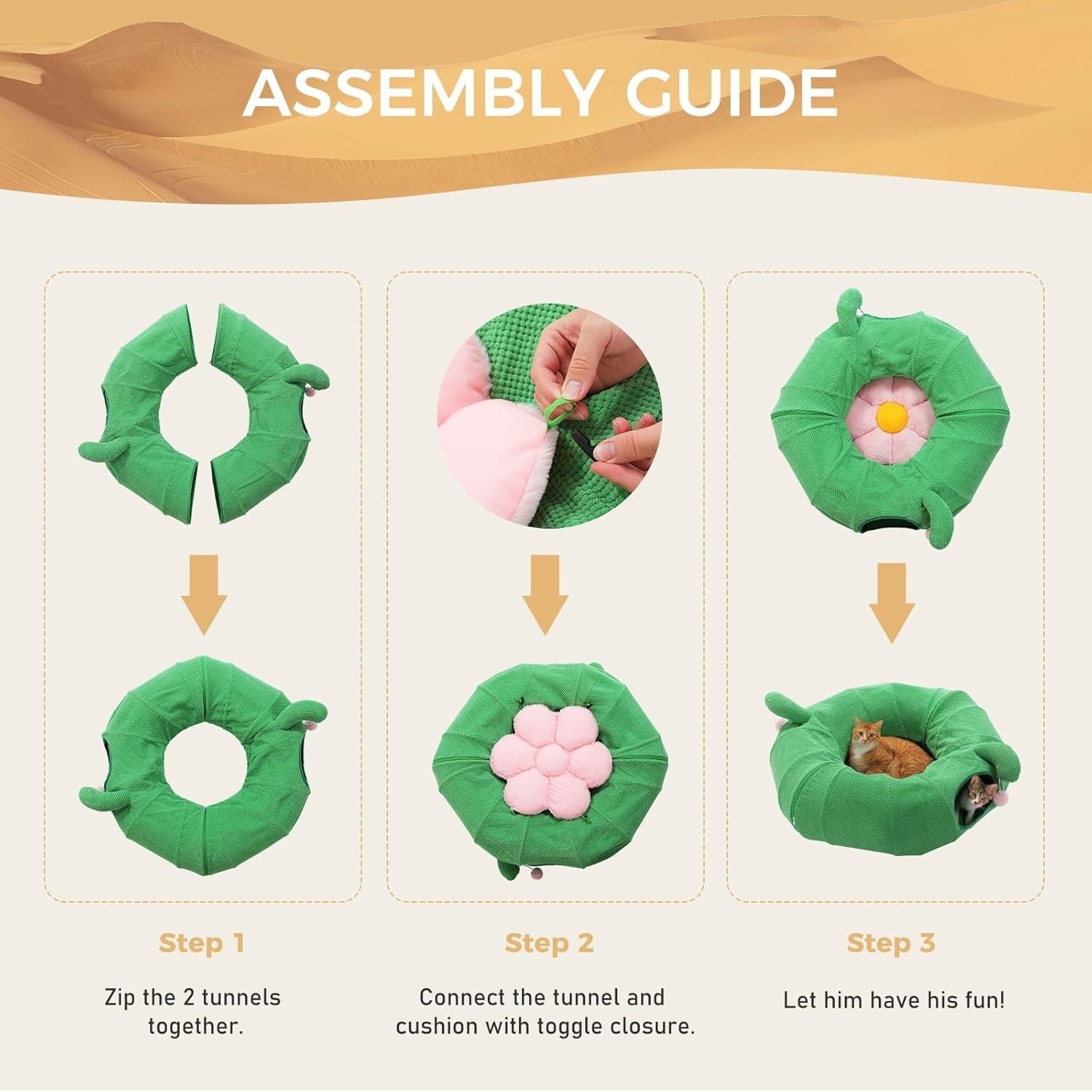 Cactus Cat Tunnel Bed Foldable Pet Play Tunnel w Cushion & Ball Toy