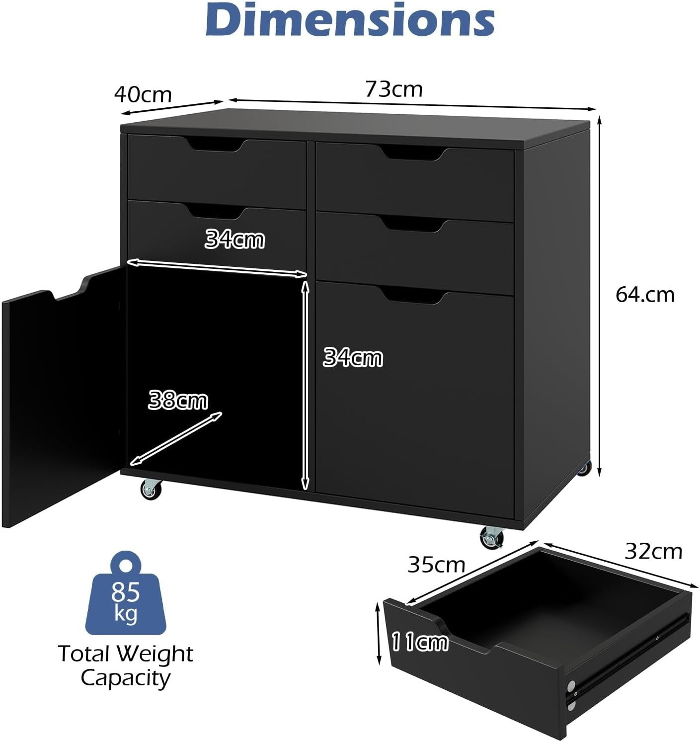 Black Rolling File Cabinet 4 Drawer 2 Door Mobile Printer Stand