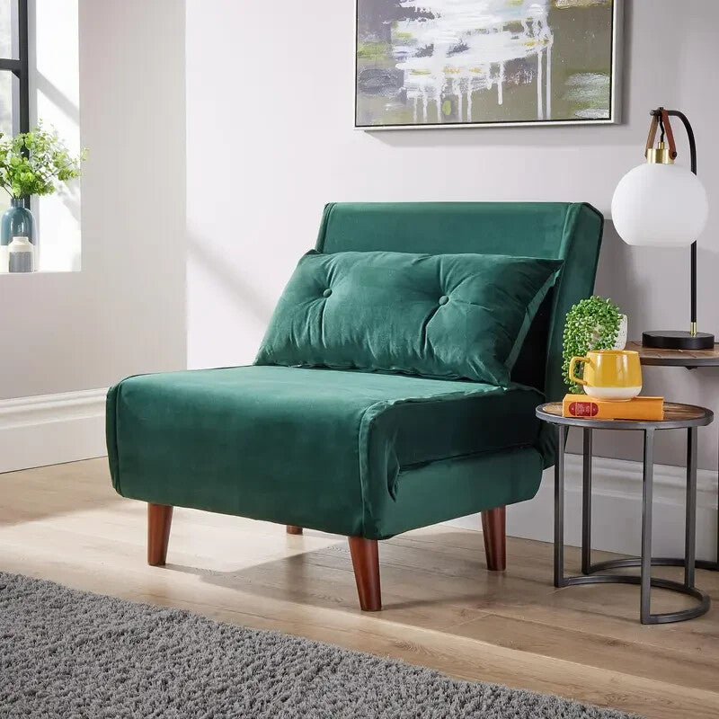 Green Velvet Single Sofa Bed Chair w/ Pillow Folding Guest Bed Seat