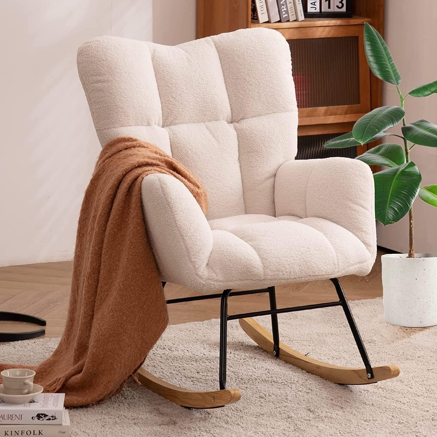 White Bouclé Rocking Chair with Arms, Comfy Sofa Accent Seat 49D x 54W