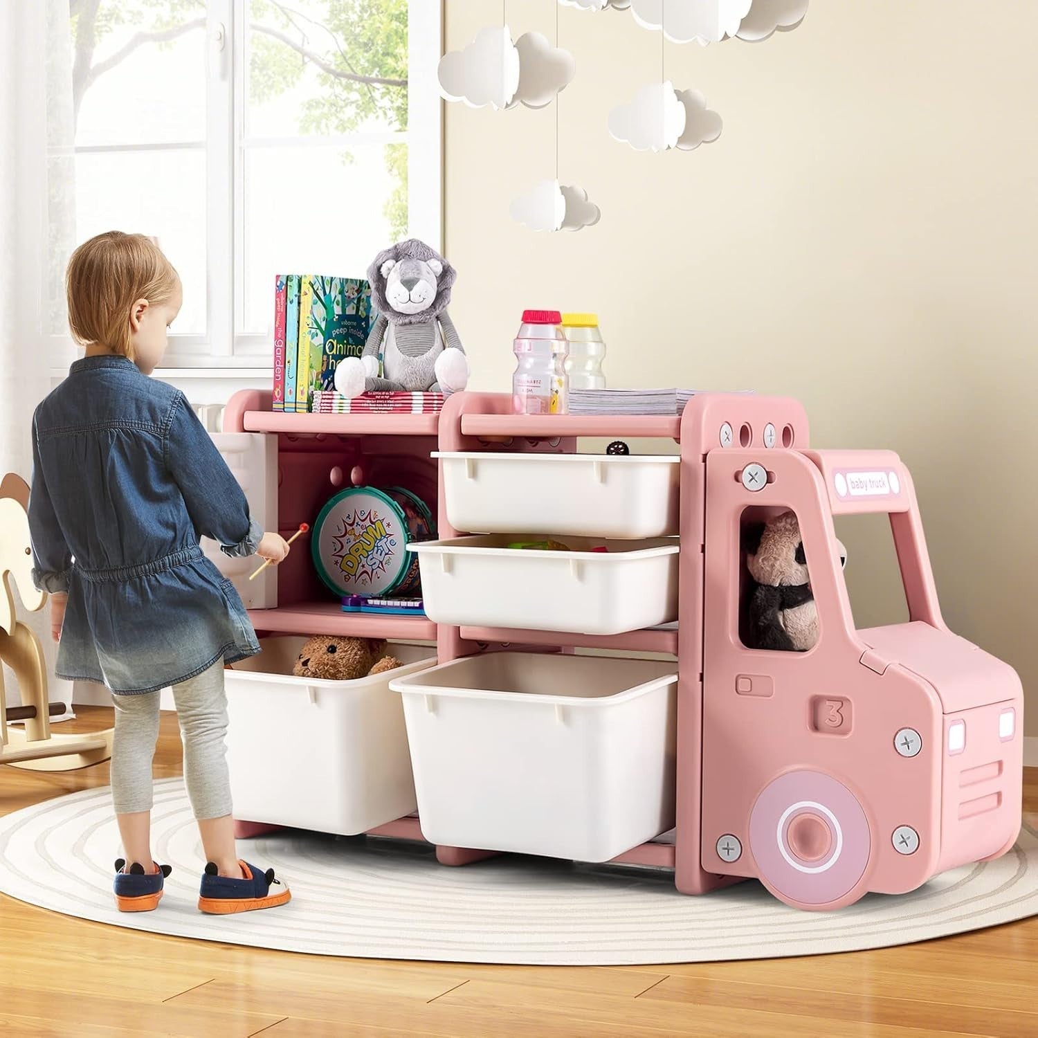 Kids Toy Storage Unit Car Shape with Bins Drawers & Cabinets 112x35x66cm