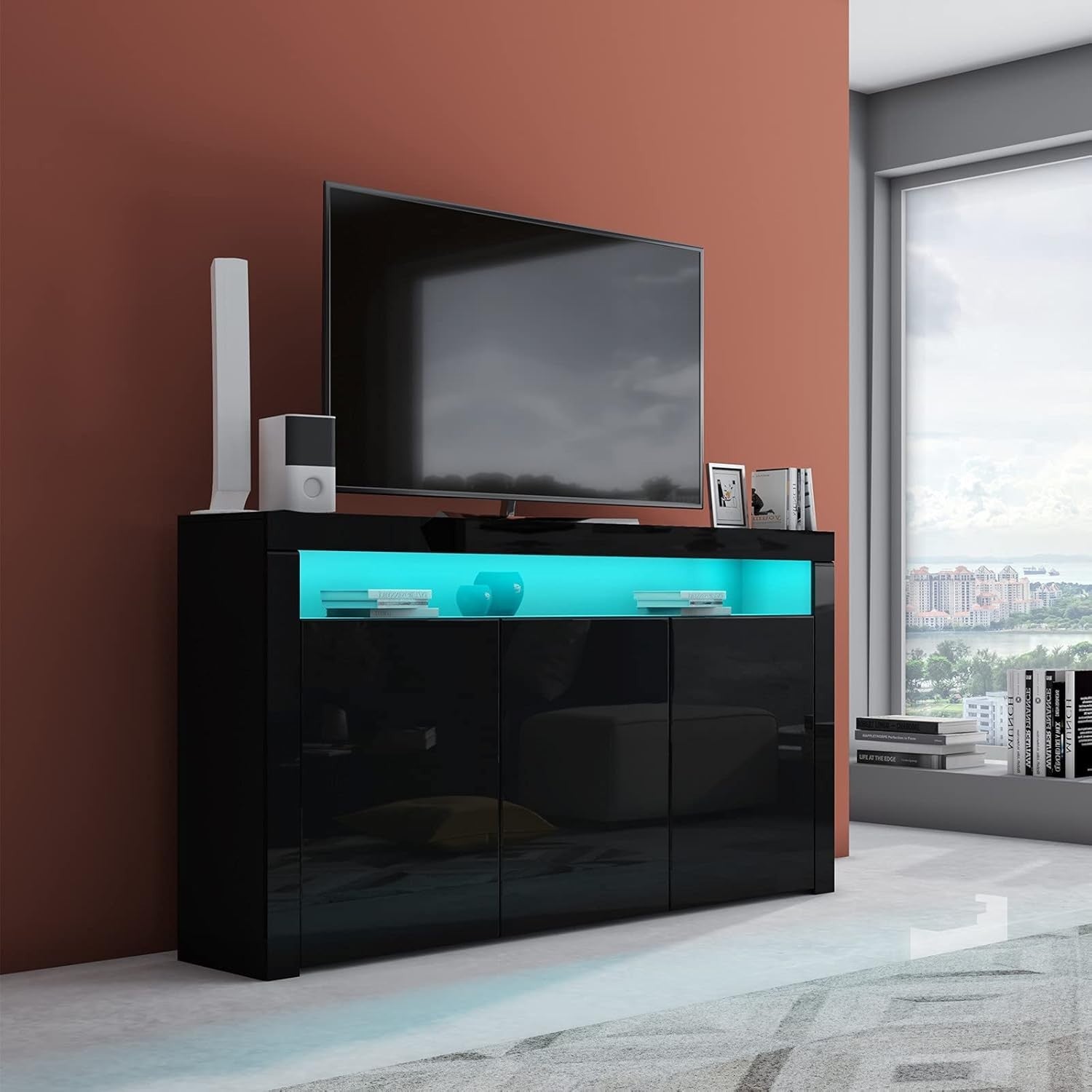 High Gloss Sideboard Cabinet with LED Lights, 3 Doors & Drawers, Modern Black