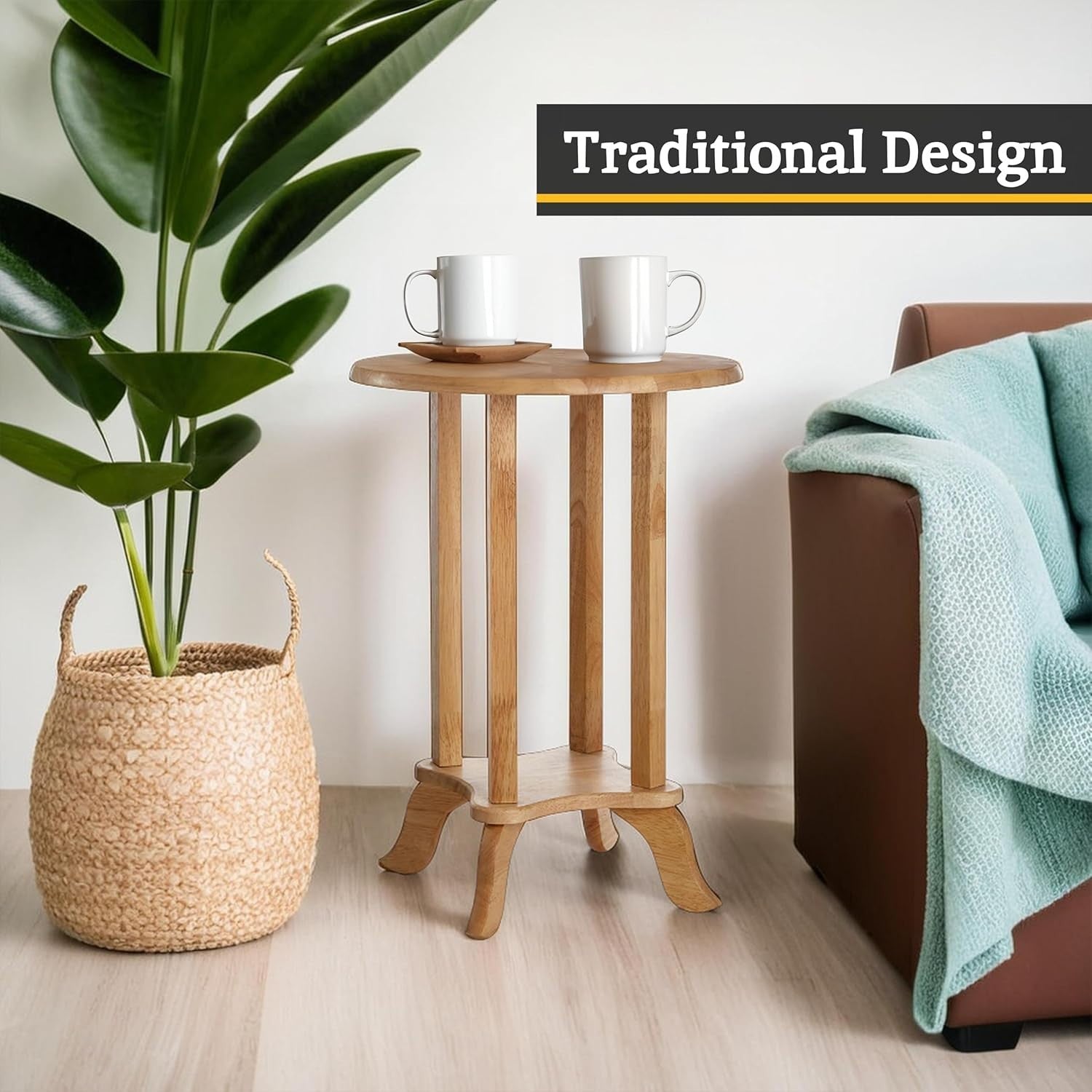 Round Wooden Side Table with Storage for Living Room, Bedroom, Sofa