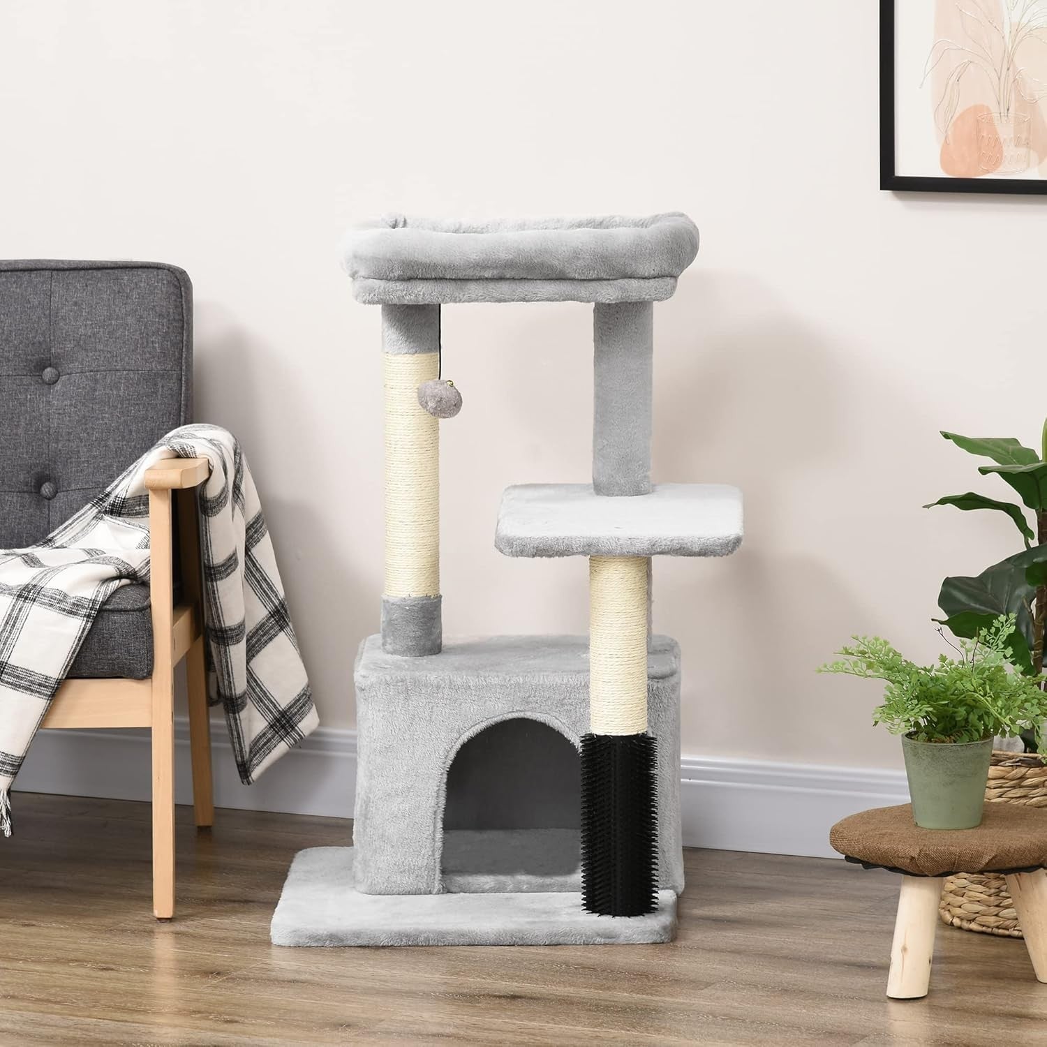 Cat Tree Tower for Indoor Cats with Condo Scratching Posts Hanging Toy Grey