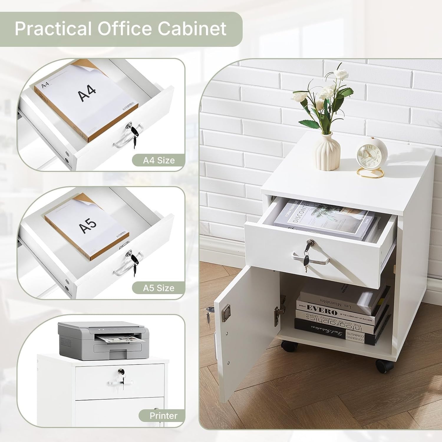 Locking Rolling File Cabinet 1 Drawer 1 Door Under Desk Storage Unit