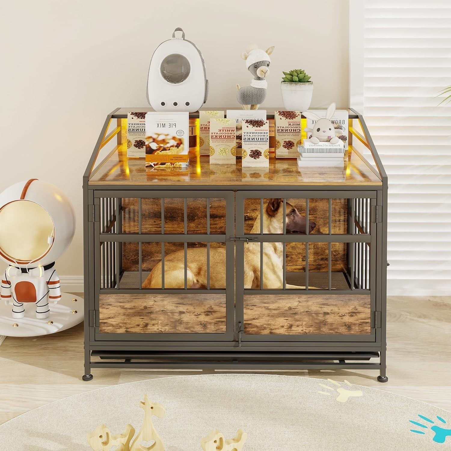 Rustic Dog Crate Furniture with LED Light & Removable Tray – Medium Size