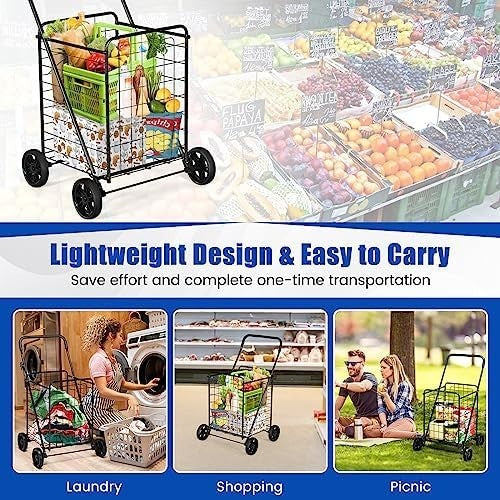 83L Folding Shopping Cart Metal Grocery Trolley Wheels Non-Slip Handle Black