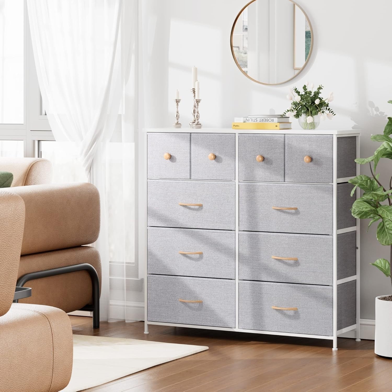 Tall Fabric Chest of Drawers 10 Drawer Storage Unit for Bedroom Hallway