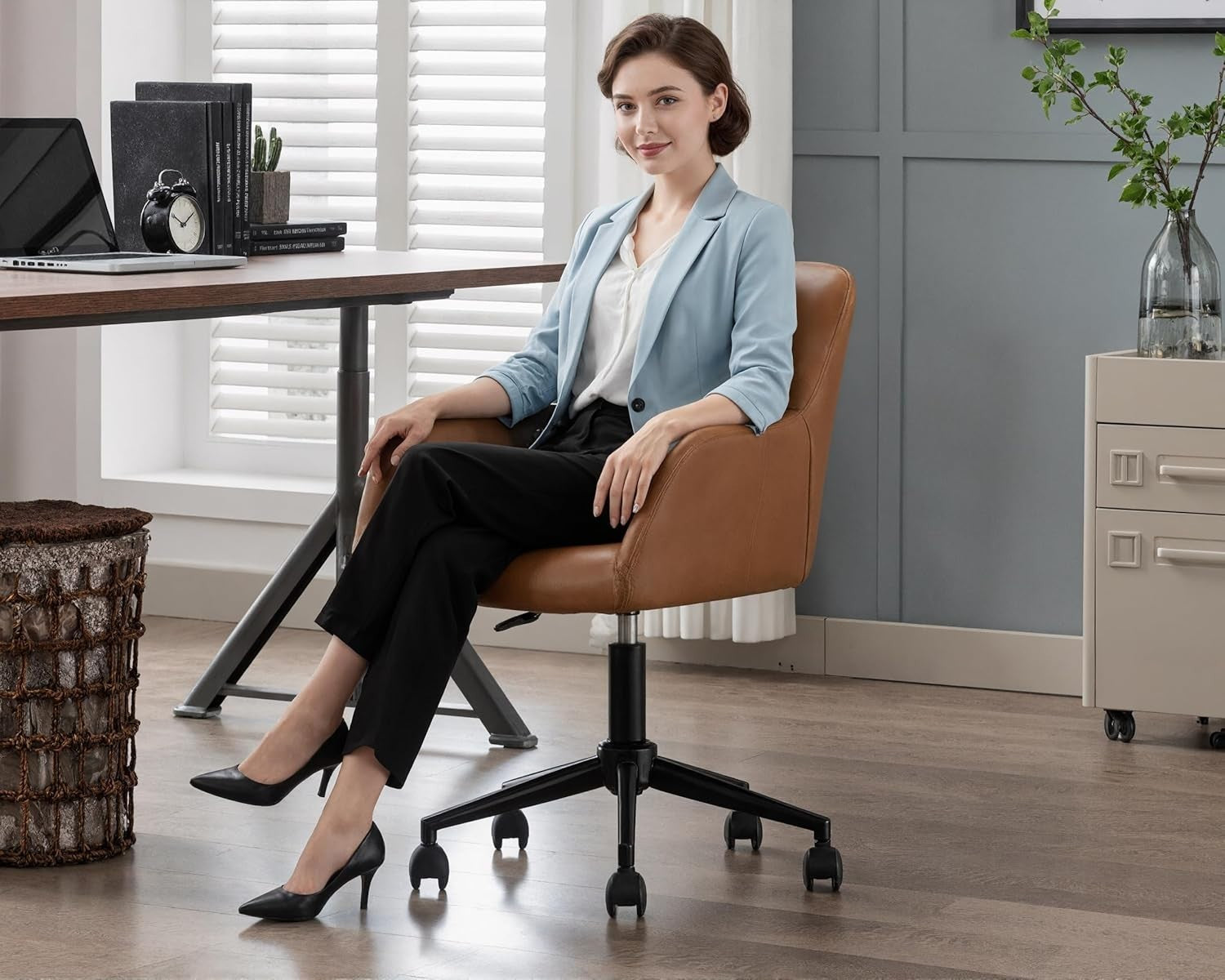 Faux Leather Office Chair Brown Swivel Desk Seat Height Adjustable Metal Base