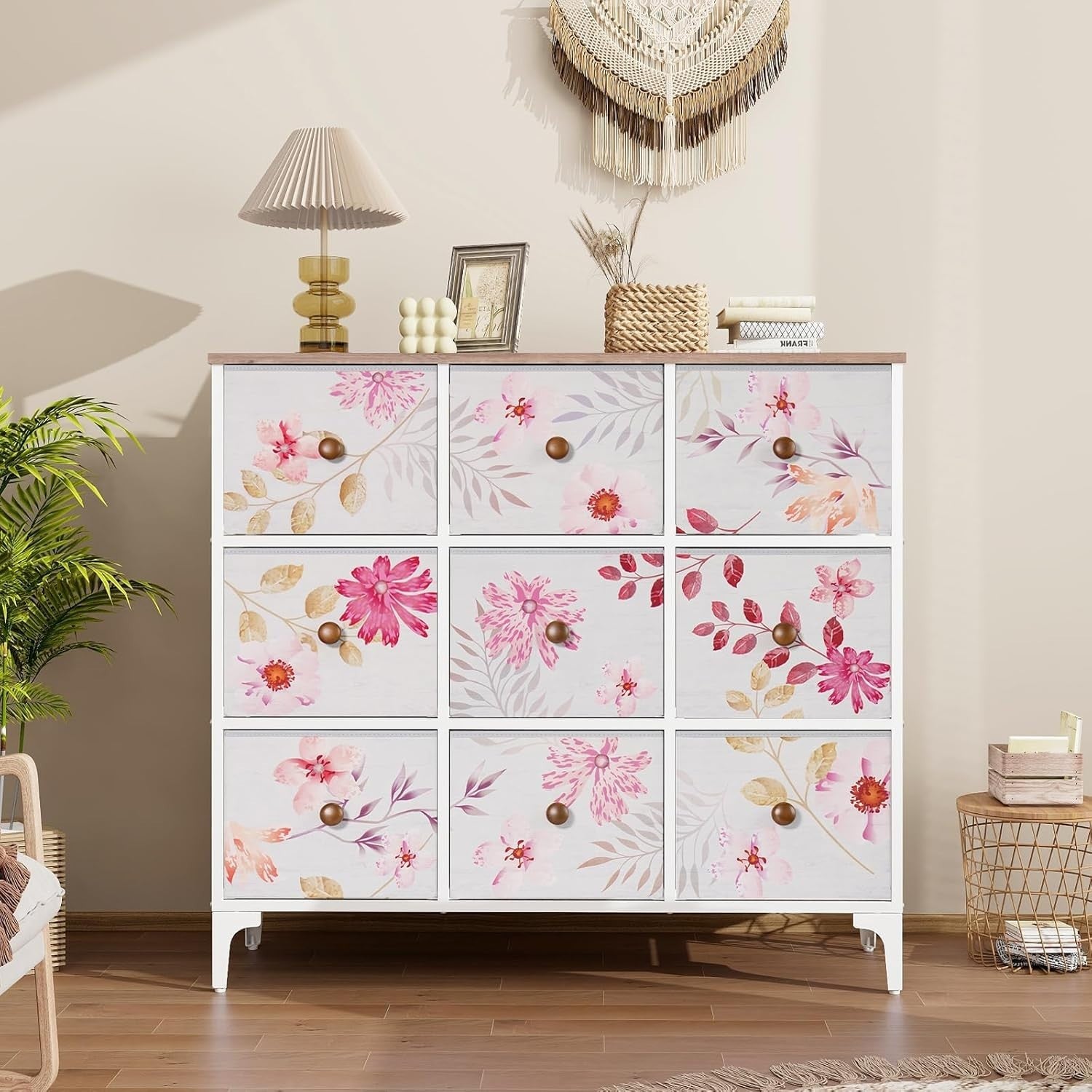 9 Drawer Pink Fabric Storage Chest, Metal Frame Dresser for Bedroom Nursery