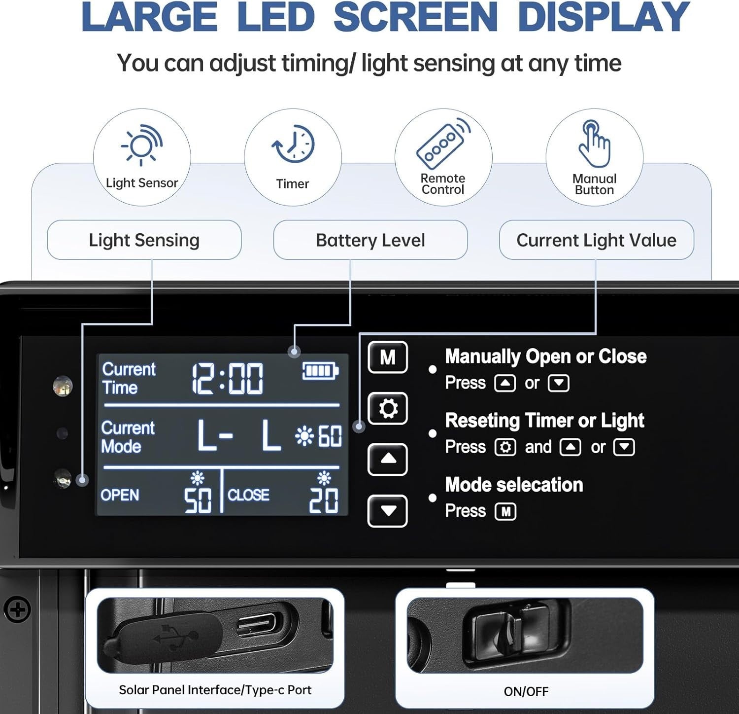 Solar Automatic Chicken Coop Door Timer Light Sensor Remote