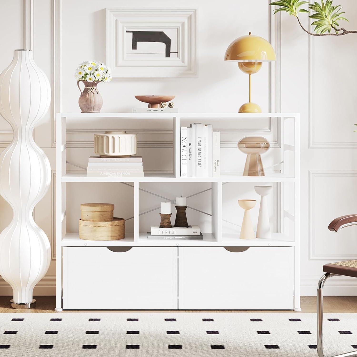 4 Tier White Bookcase with 2 Drawers Modern Storage Shelf for Living Room White