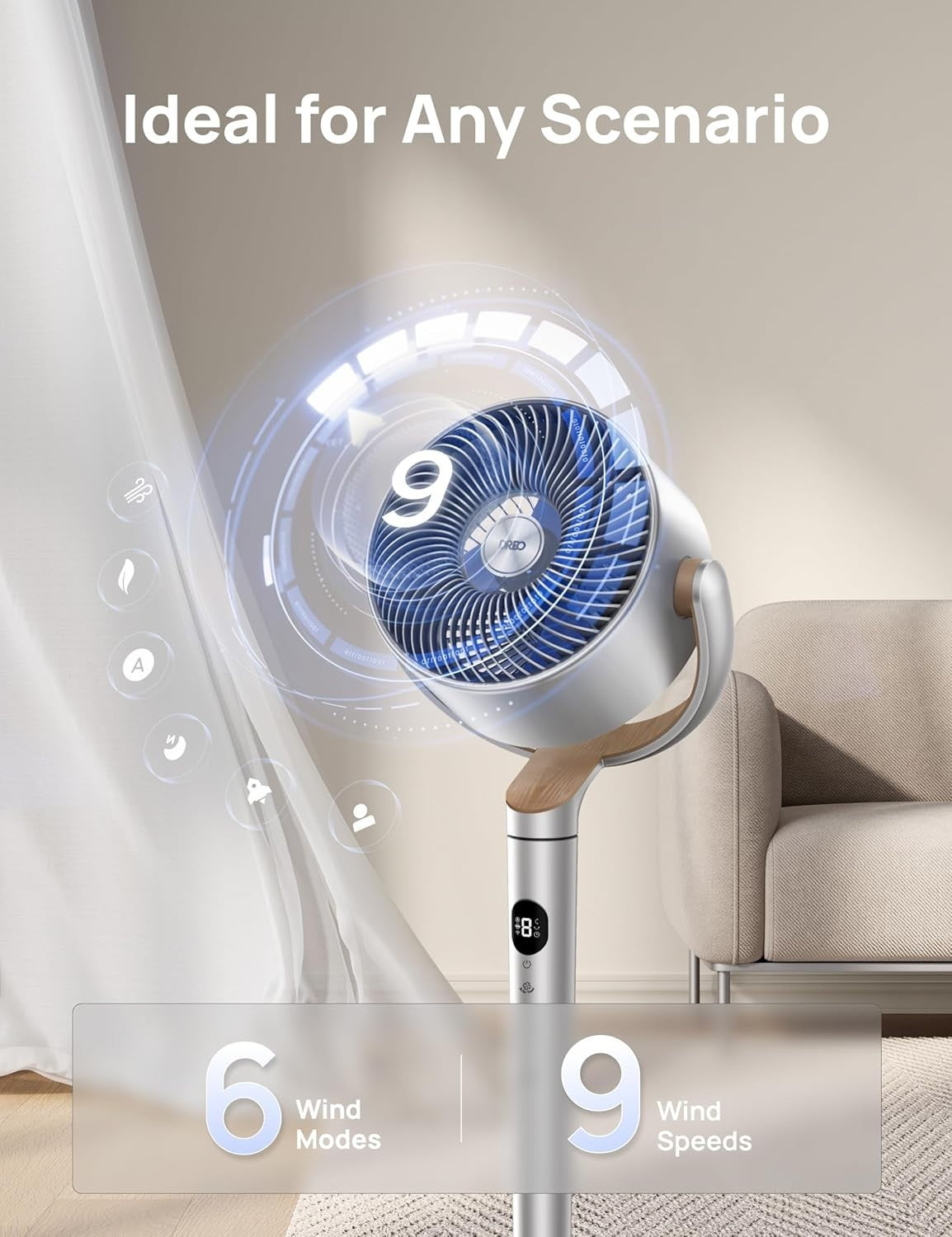 40" Smart Standing Fan Quiet 9-Speed WiFi Voice Control 12H Timer Oscillating