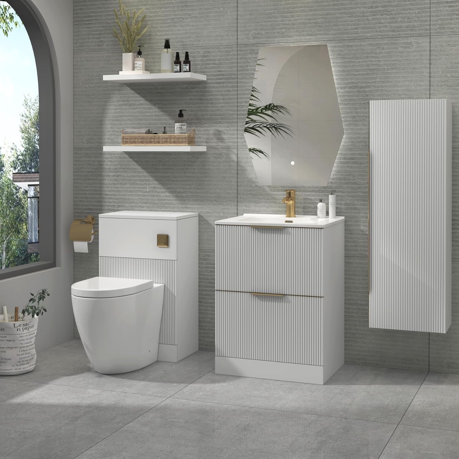 White 600mm Fluted Bathroom Vanity Unit with Basin & Brass Handles Modern