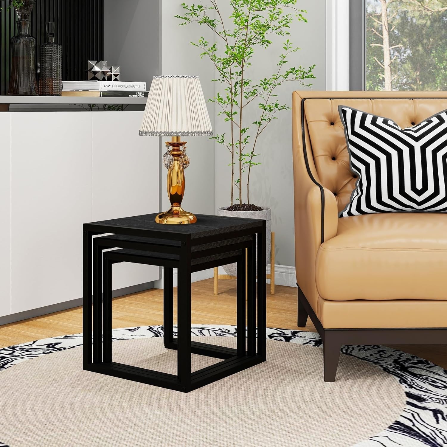 3pc Nesting End Side Tables Set Black Metal Legs Coffee Accent Stackable