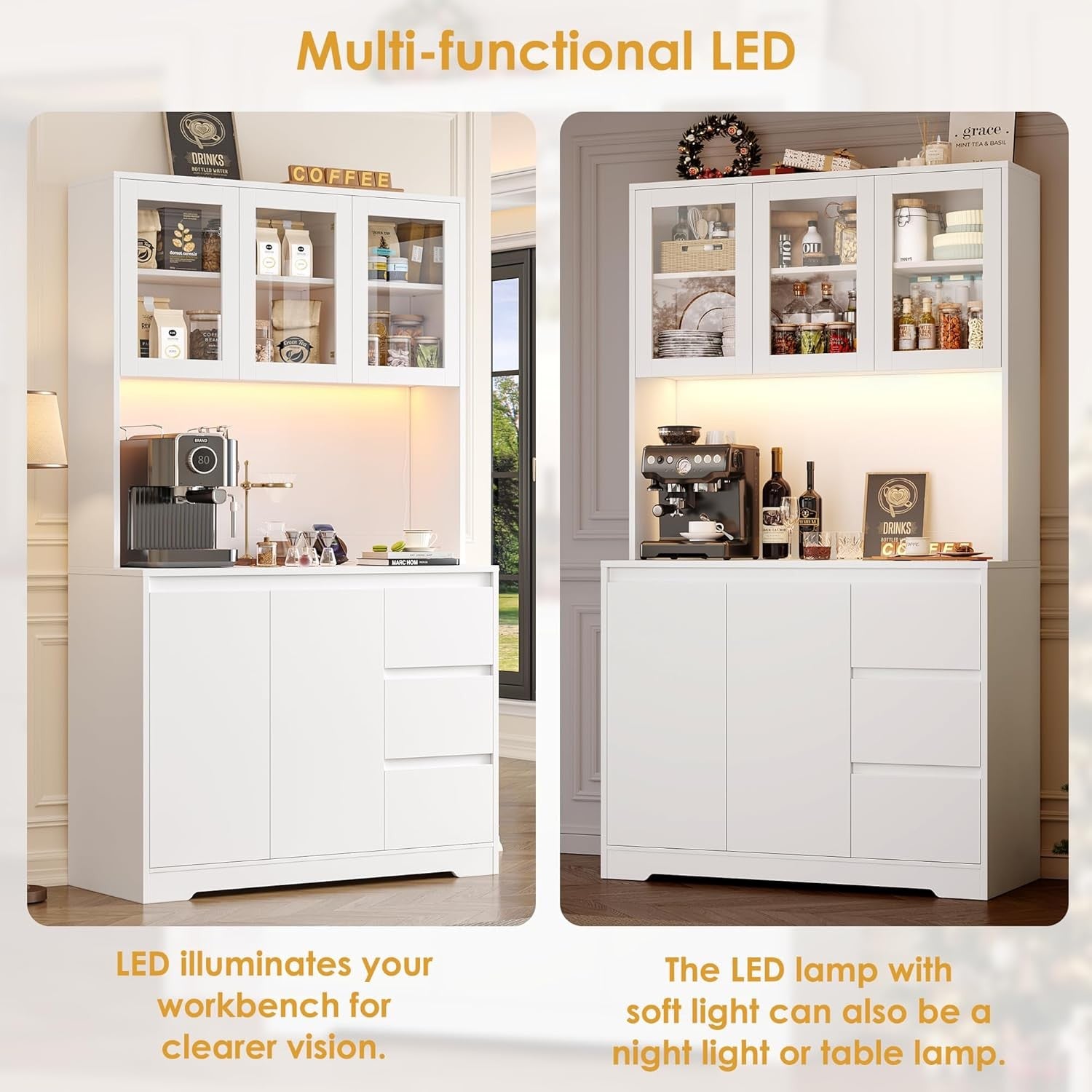 White Tall Kitchen Cabinet with LED Lights, Power Sockets & Drawers