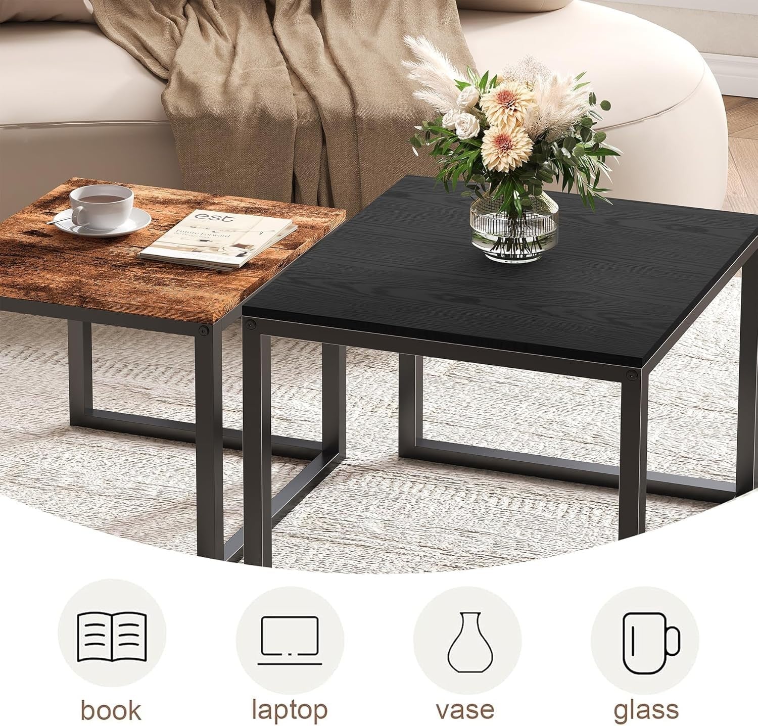 Nesting Coffee Table Set of 2 Square End Tables Black-brown Modern Living Room