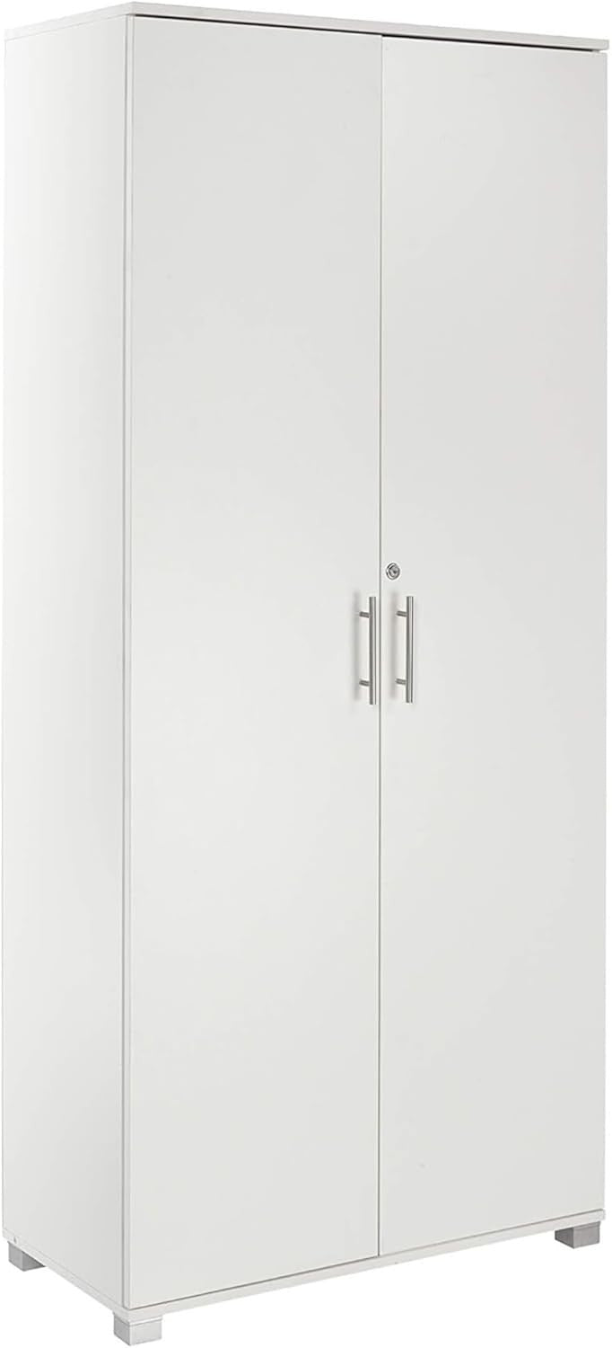 Tall White Storage Cupboard 2 Door Lockable Cabinet with 4 Shelves Office