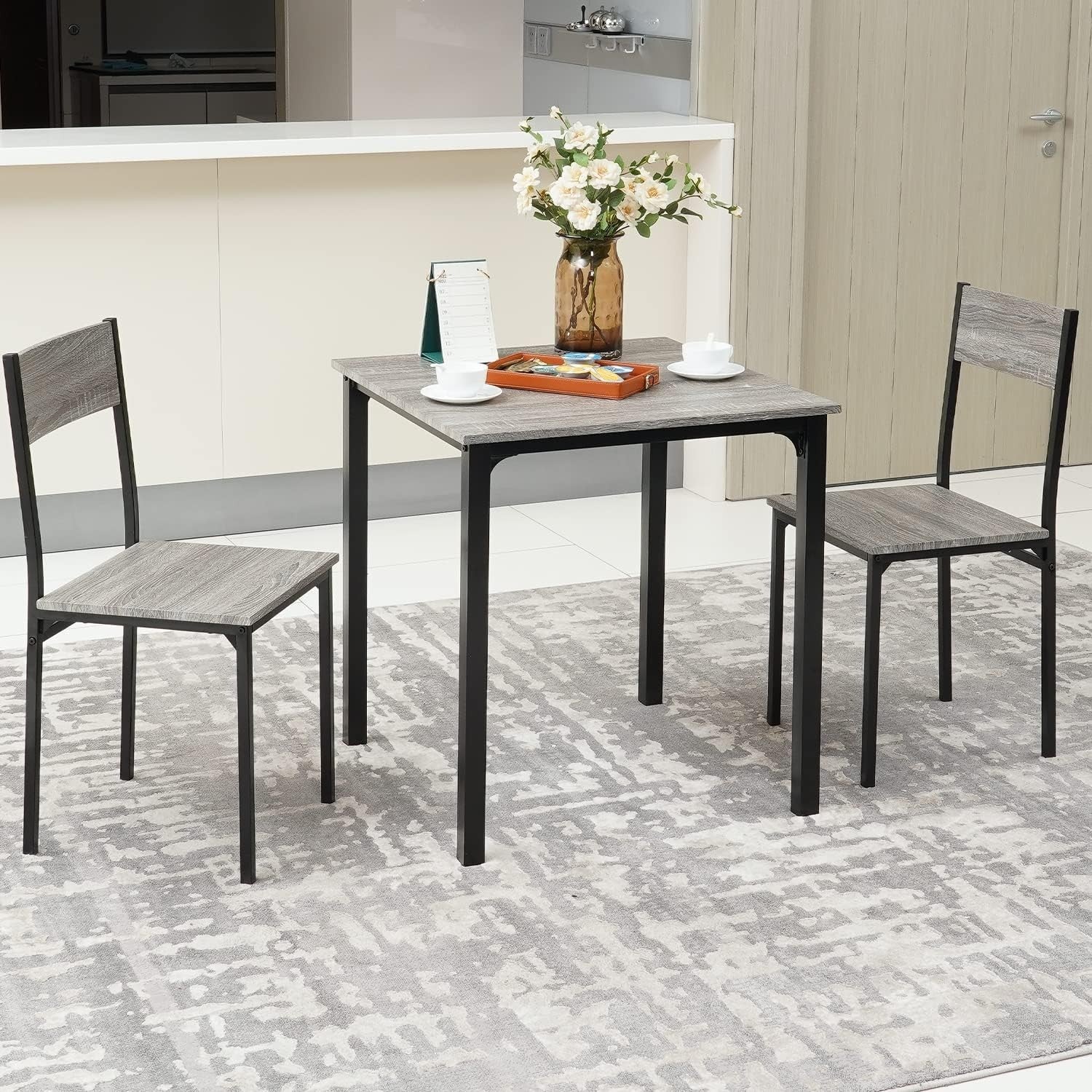 3 Piece Small Dining Table Set w/ 2 Chairs | Grey Wood Effect, Space Saver