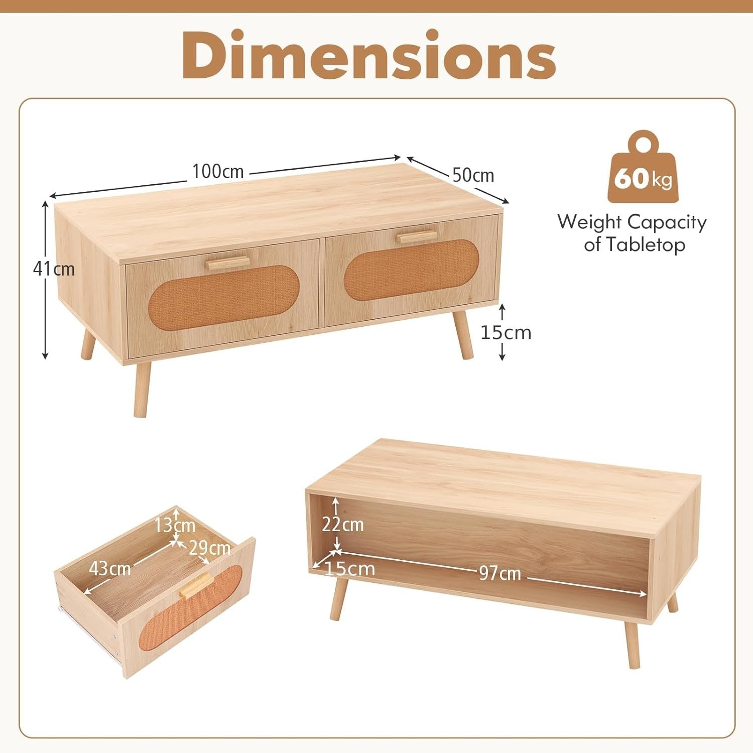 Wooden Coffee Table with 2 Rattan Drawers Storage & Solid Wood Legs 100x50x41cm