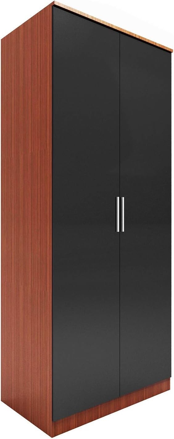 2 Door Black Walnut Wardrobe Soft Close Rail Shelves Gloss Finish 178cm
