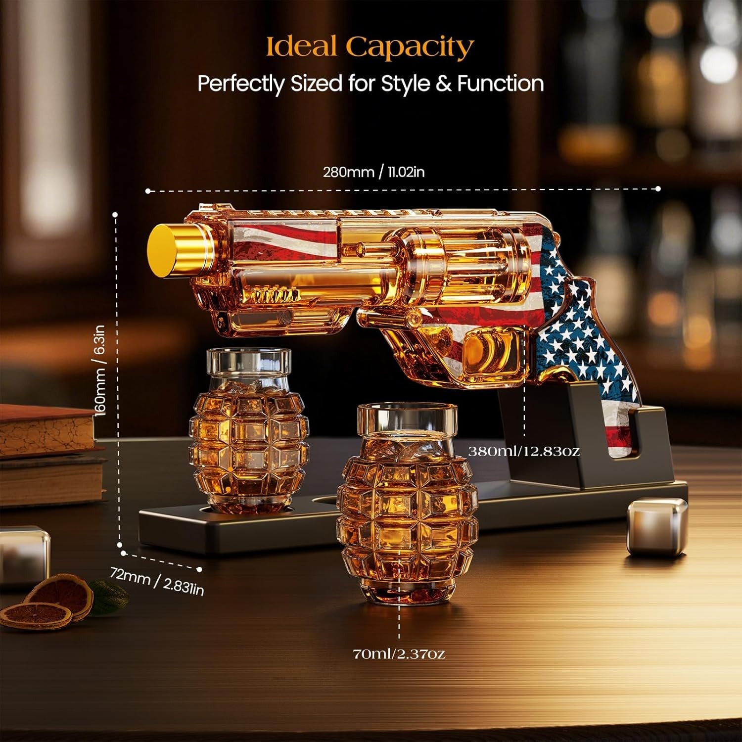 Gun Whiskey Decanter Flag Edition with Grenade Shot Glasses & Stand 380ml Gift S