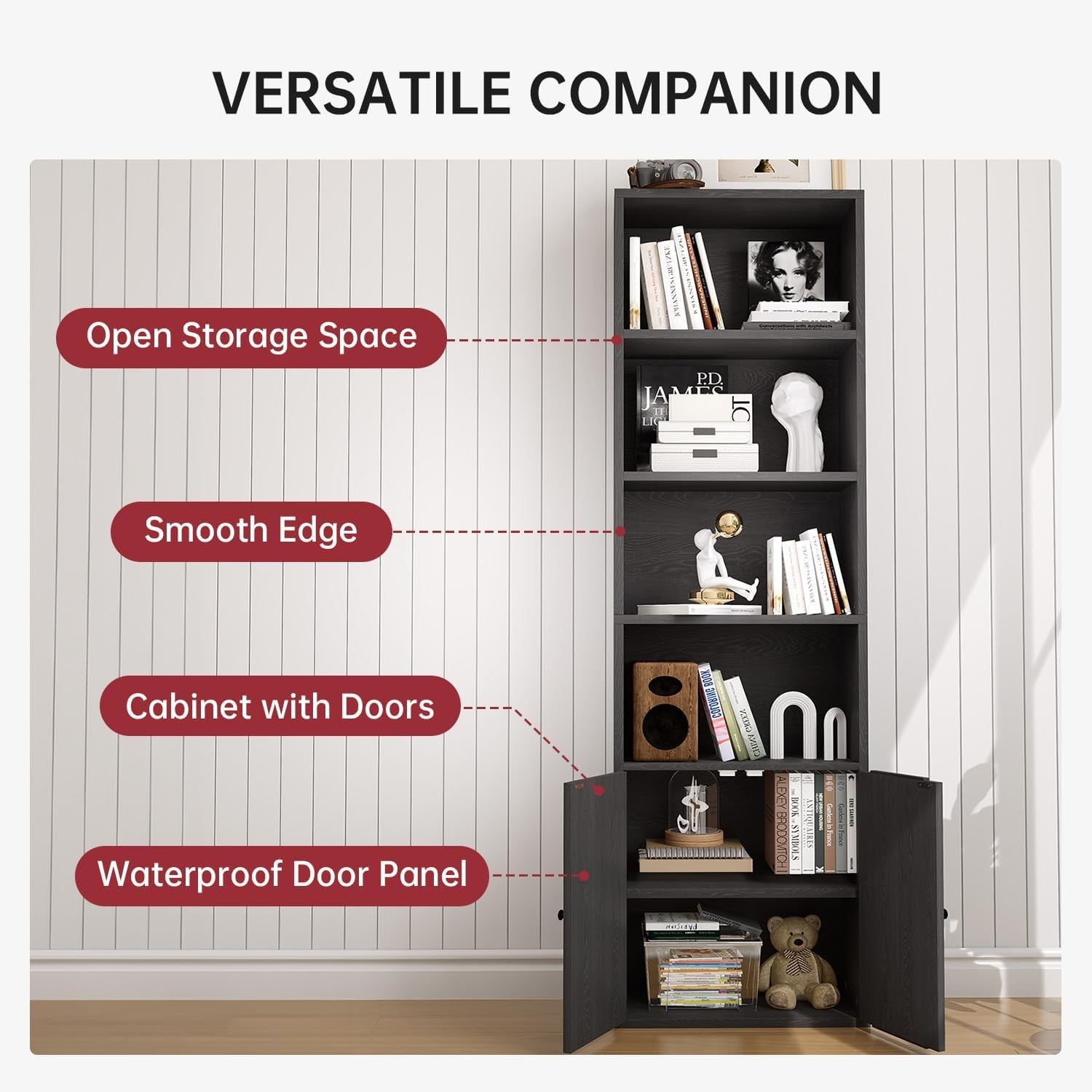 Tall Black 6-Tier Bookcase with Cabinet Doors Modern Storage Unit 181cm