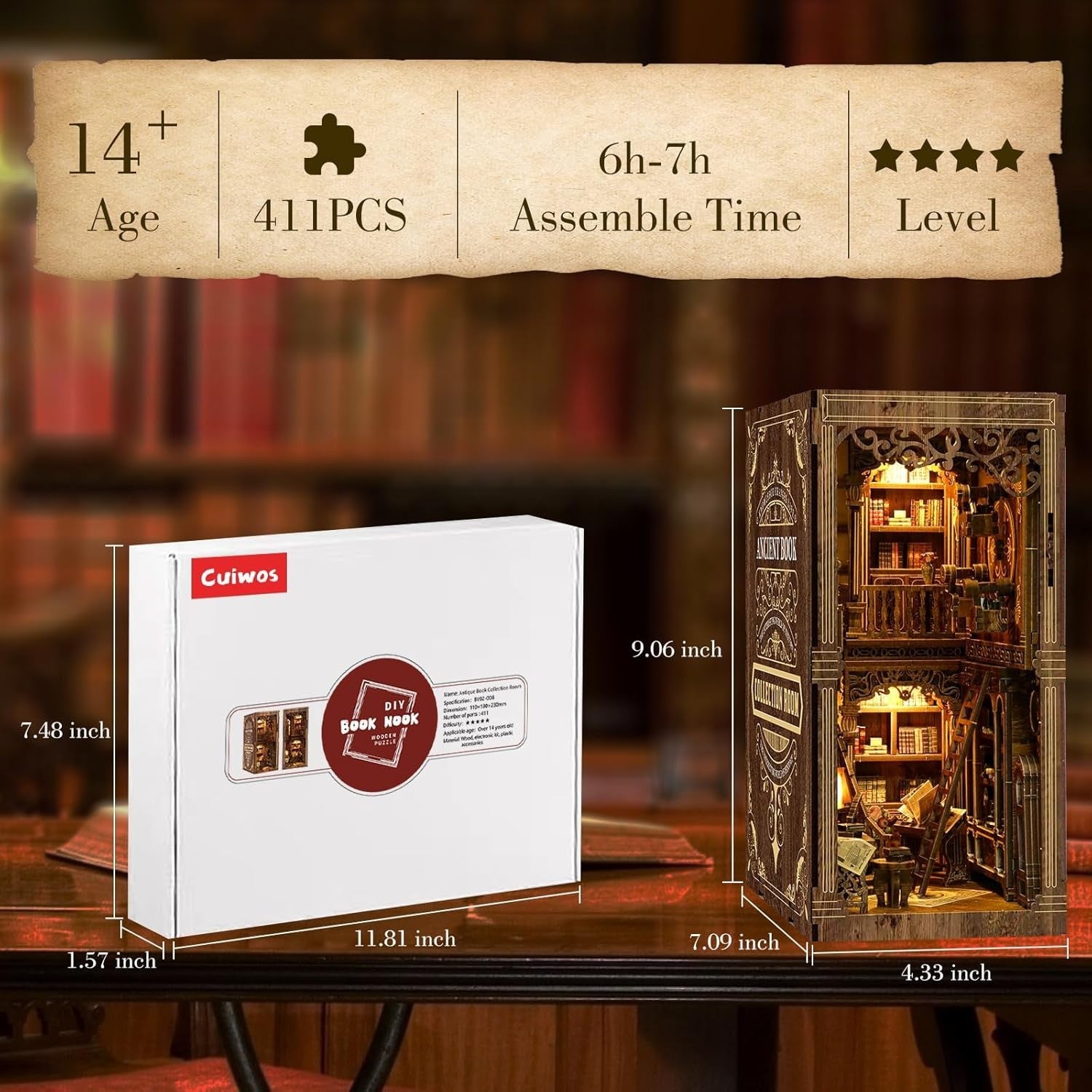 DIY Book Nook Kit with LED Lights – 3D Wooden Puzzle Shelf Insert Gift