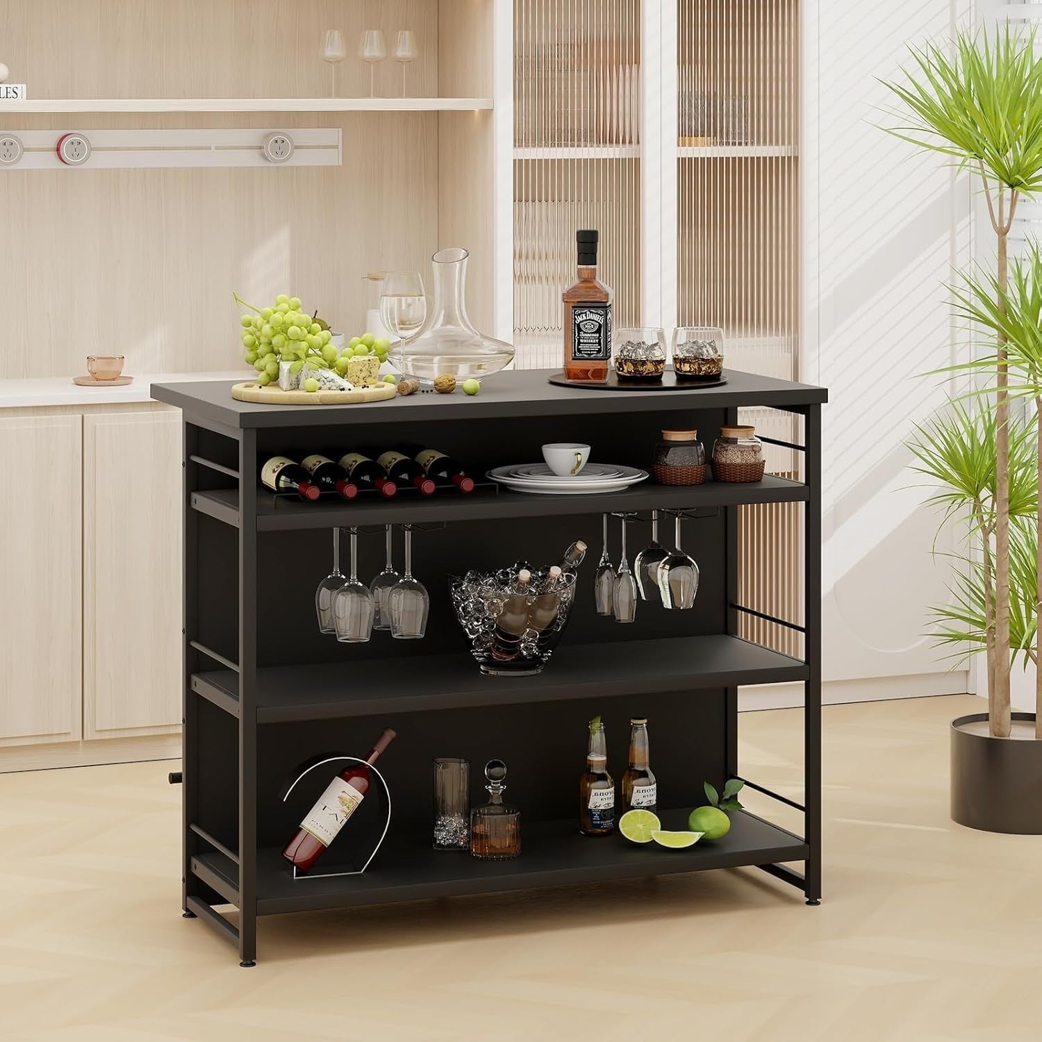 Industrial Kitchen Island Bar Table with Wine Rack, Shelves & Glass Holder