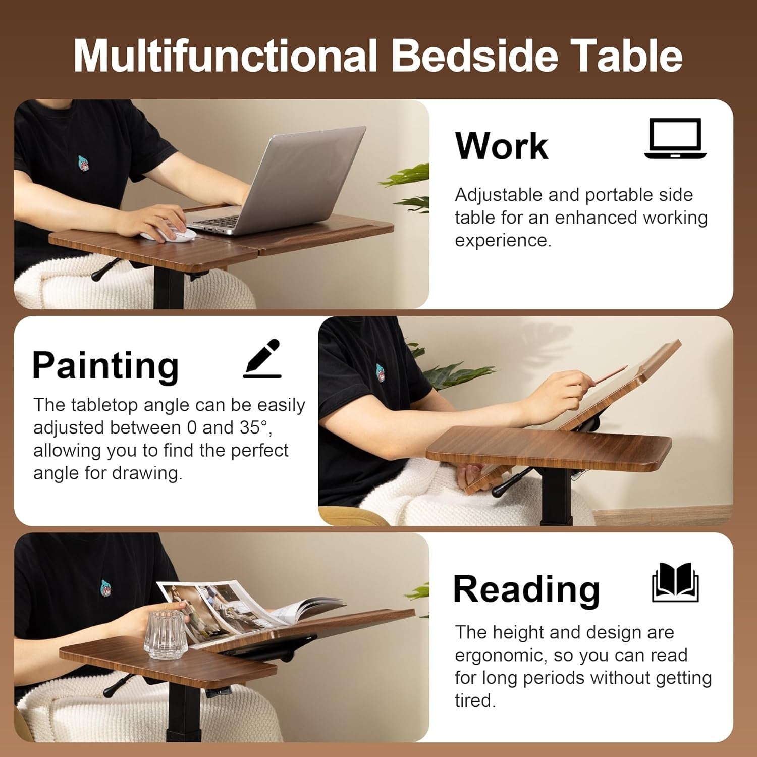 Overbed Laptop Table Height Adjustable Rolling Desk C Shape Tilt Top Walnut