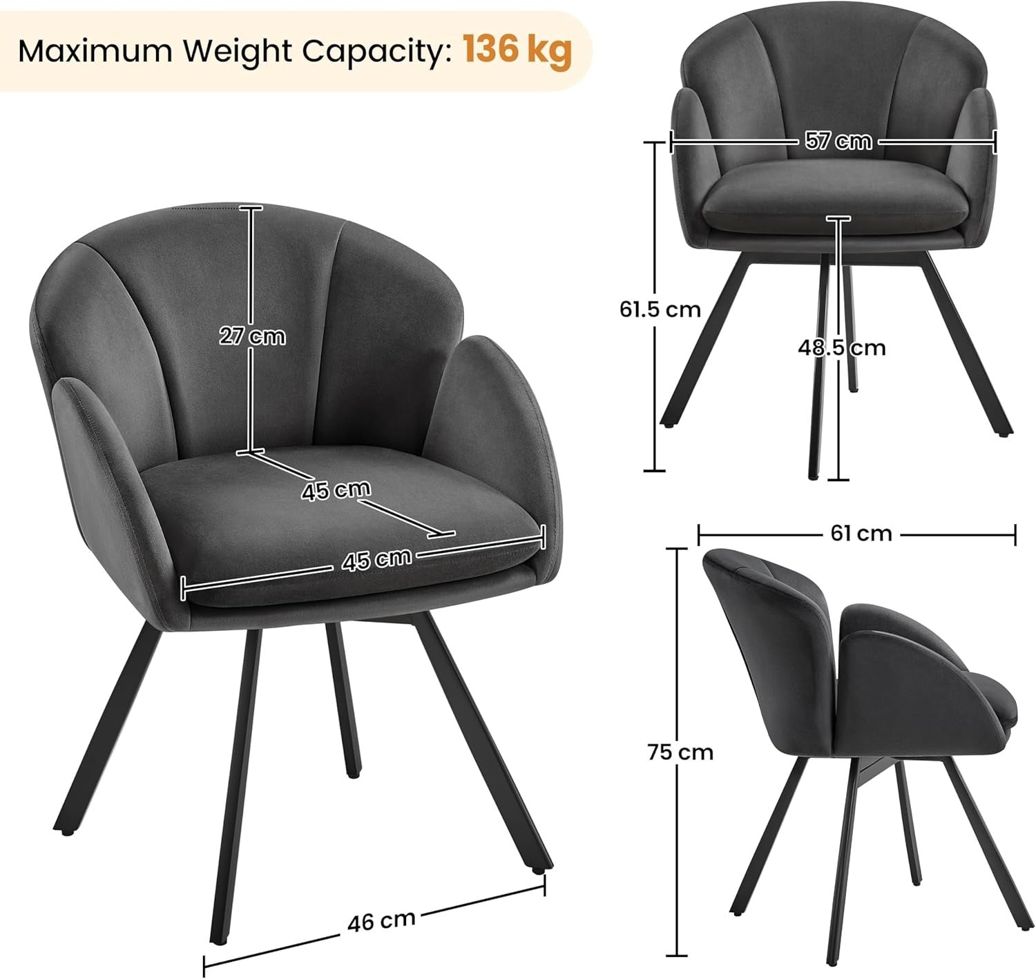 Swivel Velvet Tub Chair Dark Grey Accent Vanity Armchair