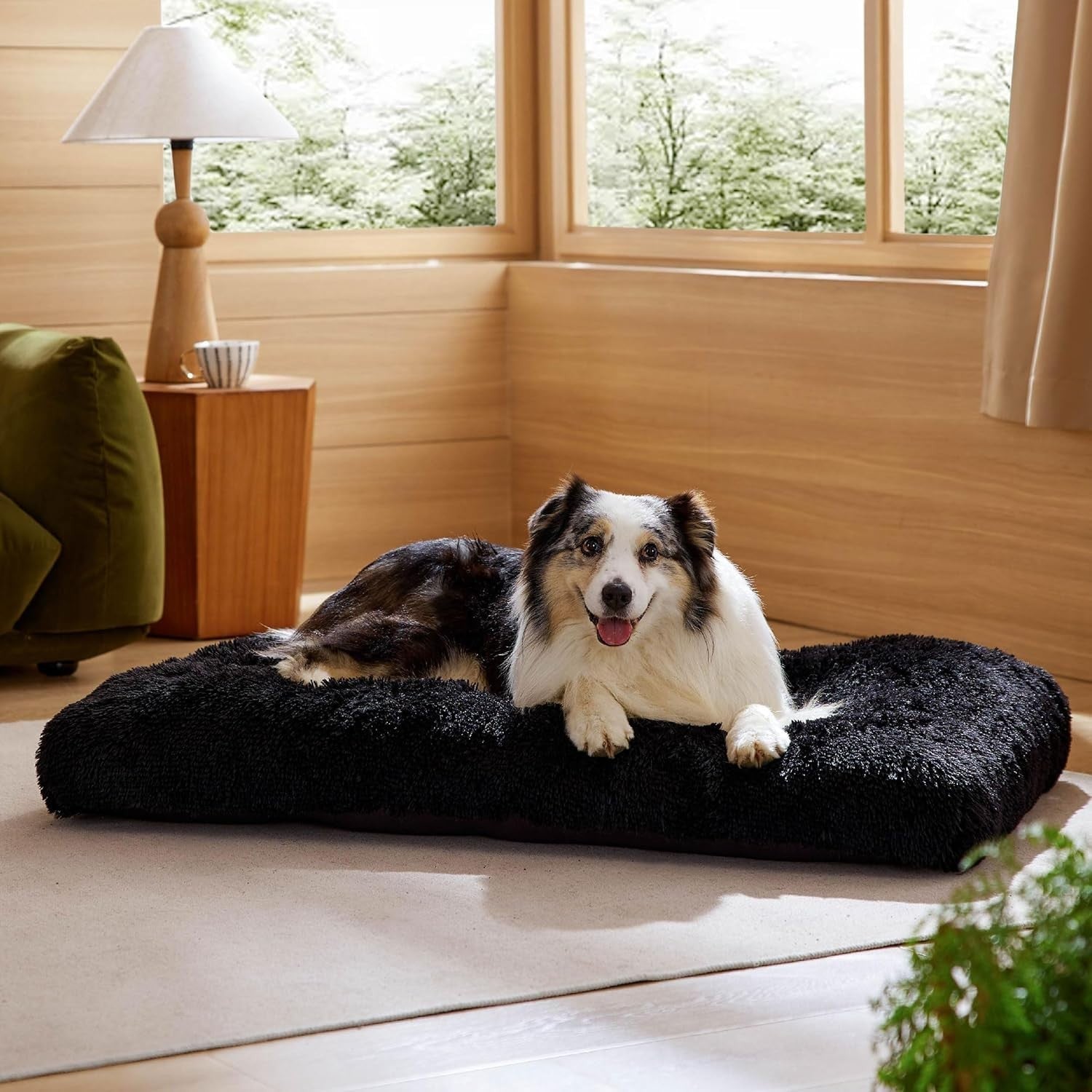 XL Fluffy Dog Crate Bed Washable Anti Slip Anxiety Cushion 104x69cm Black