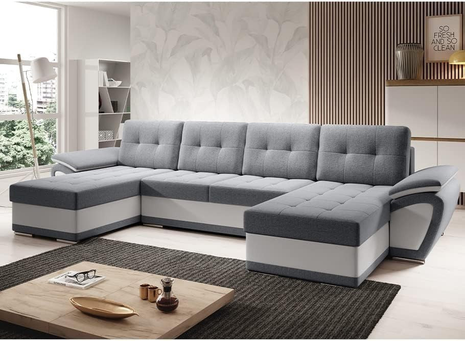 U-Shape Corner Sofa Bed with Storage & Sleep Function Grey/White