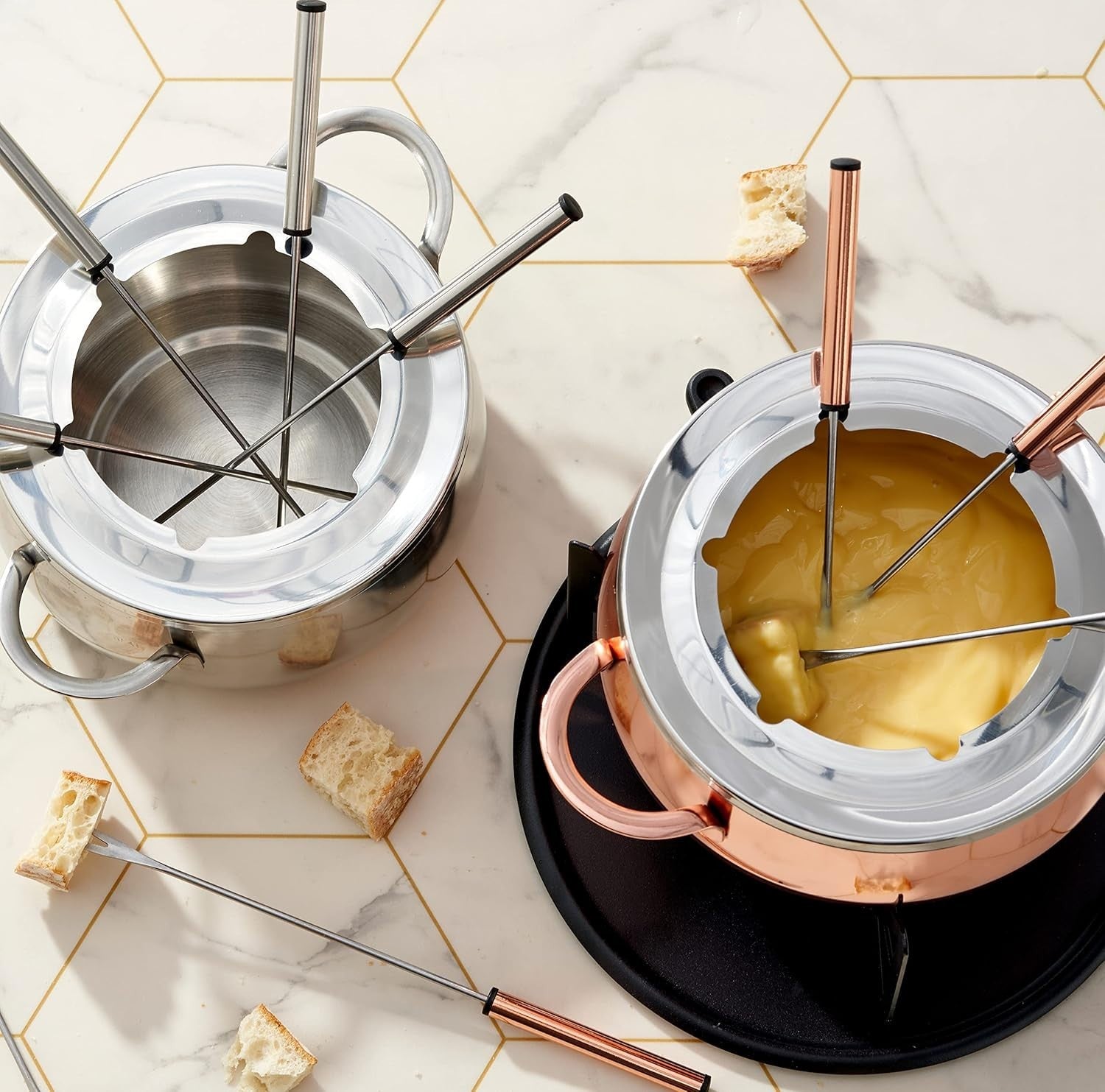 Rose Gold Stainless Steel Fondue Set Cheese Chocolate Pot 6 Person